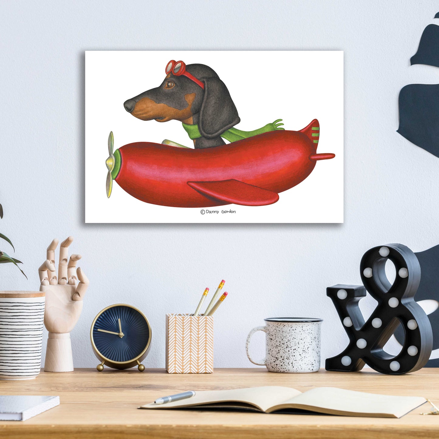 Epic Art 'Black Dachshund in Red Plane' by Danny Gordon Art, Acrylic Glass Wall Art,16x12