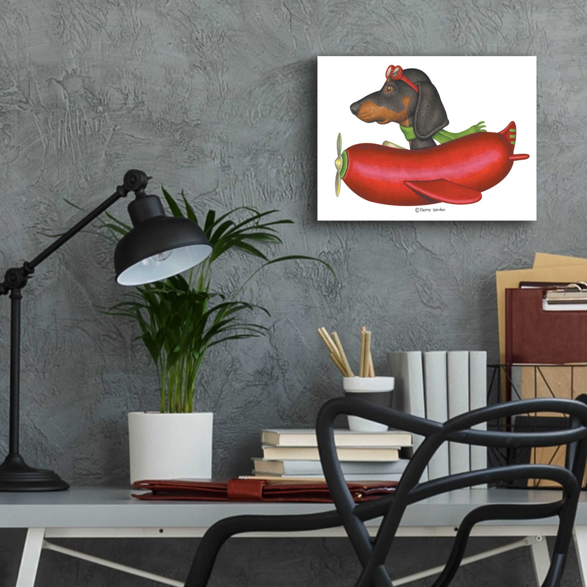 Epic Art 'Black Dachshund in Red Plane' by Danny Gordon Art, Acrylic Glass Wall Art,16x12