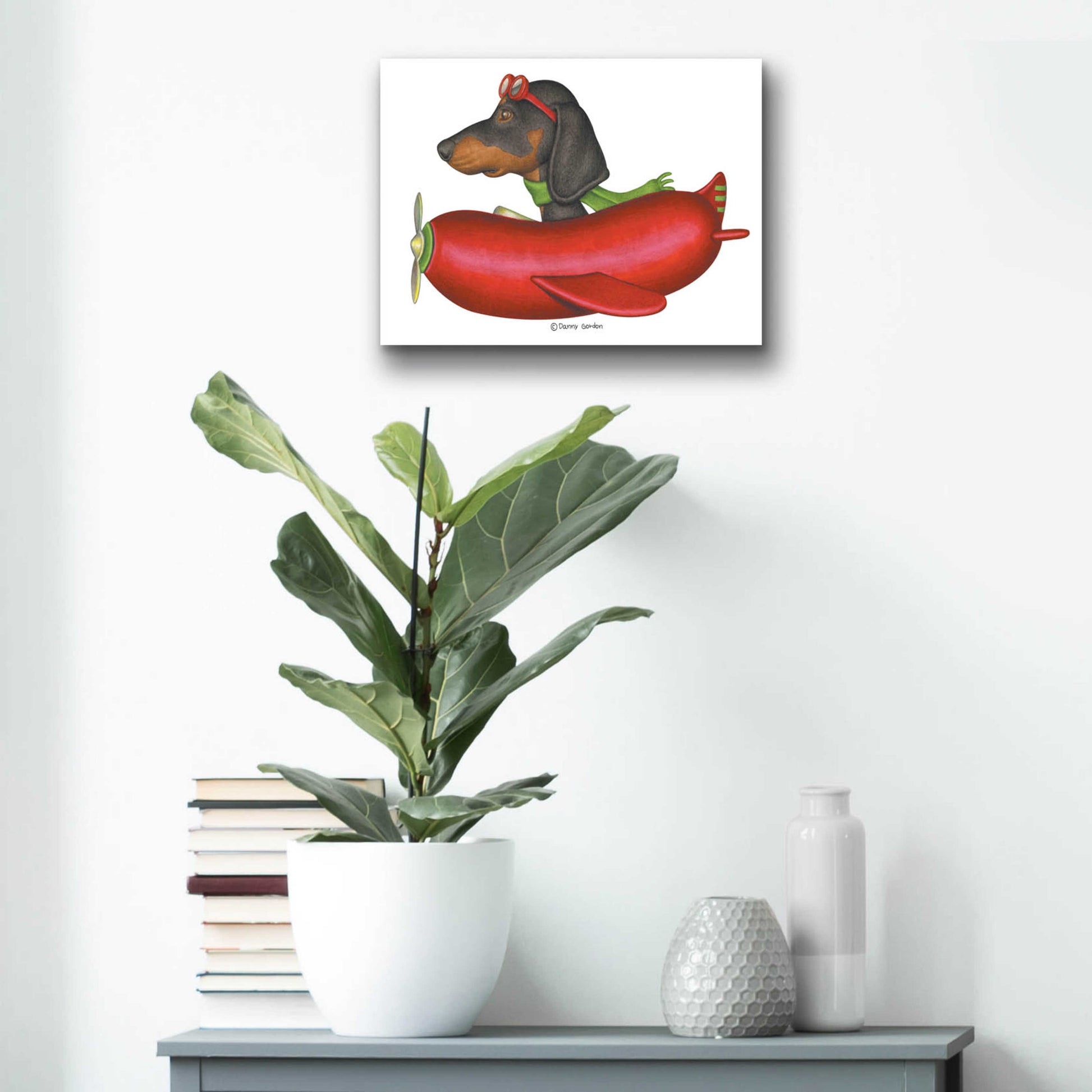 Epic Art 'Black Dachshund in Red Plane' by Danny Gordon Art, Acrylic Glass Wall Art,16x12