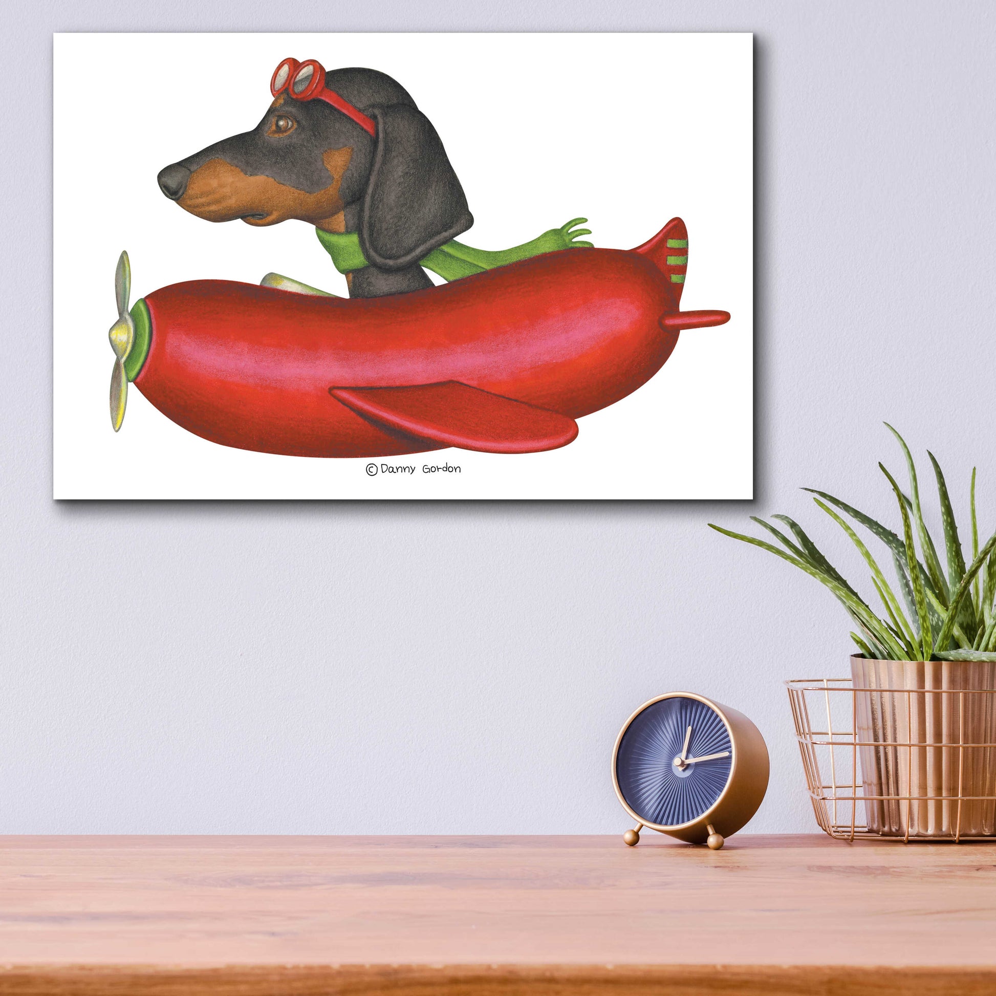 Epic Art 'Black Dachshund in Red Plane' by Danny Gordon Art, Acrylic Glass Wall Art,16x12