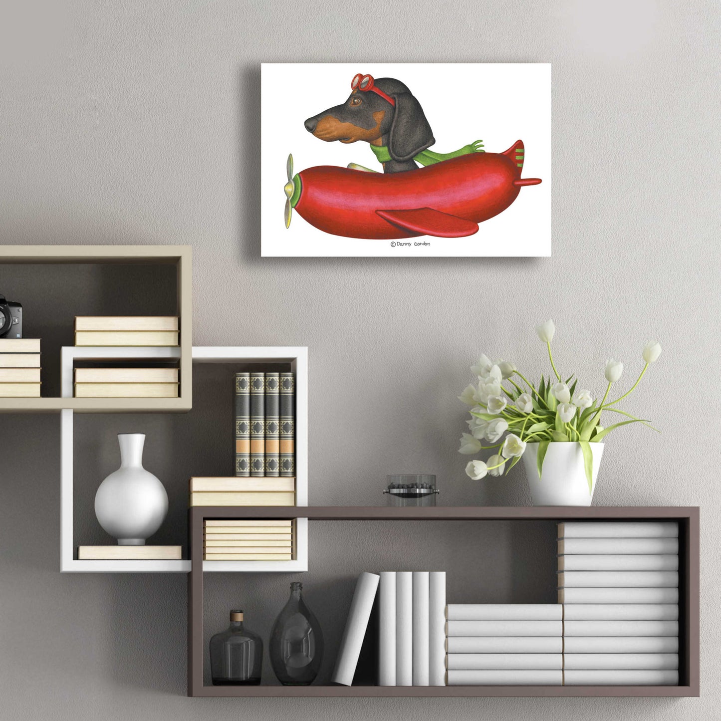 Epic Art 'Black Dachshund in Red Plane' by Danny Gordon Art, Acrylic Glass Wall Art,24x16