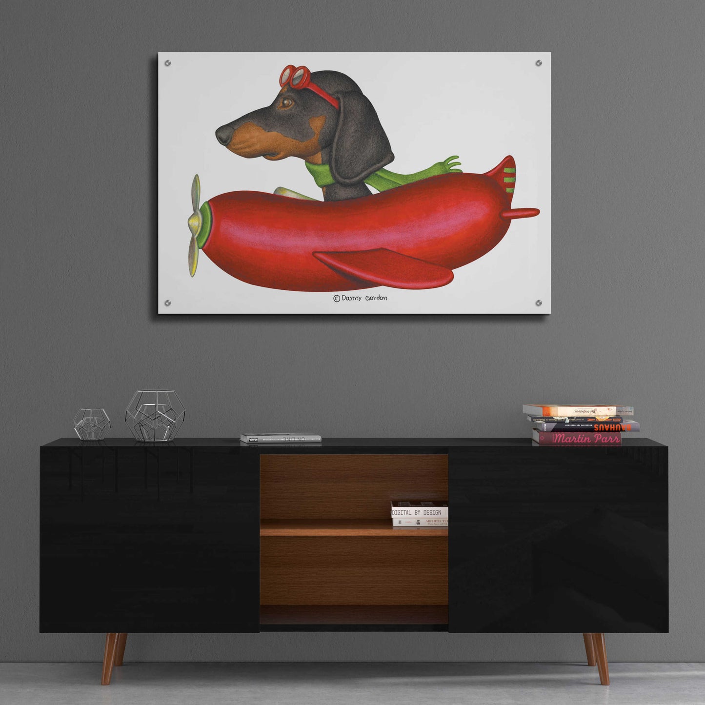 Epic Art 'Black Dachshund in Red Plane' by Danny Gordon Art, Acrylic Glass Wall Art,36x24