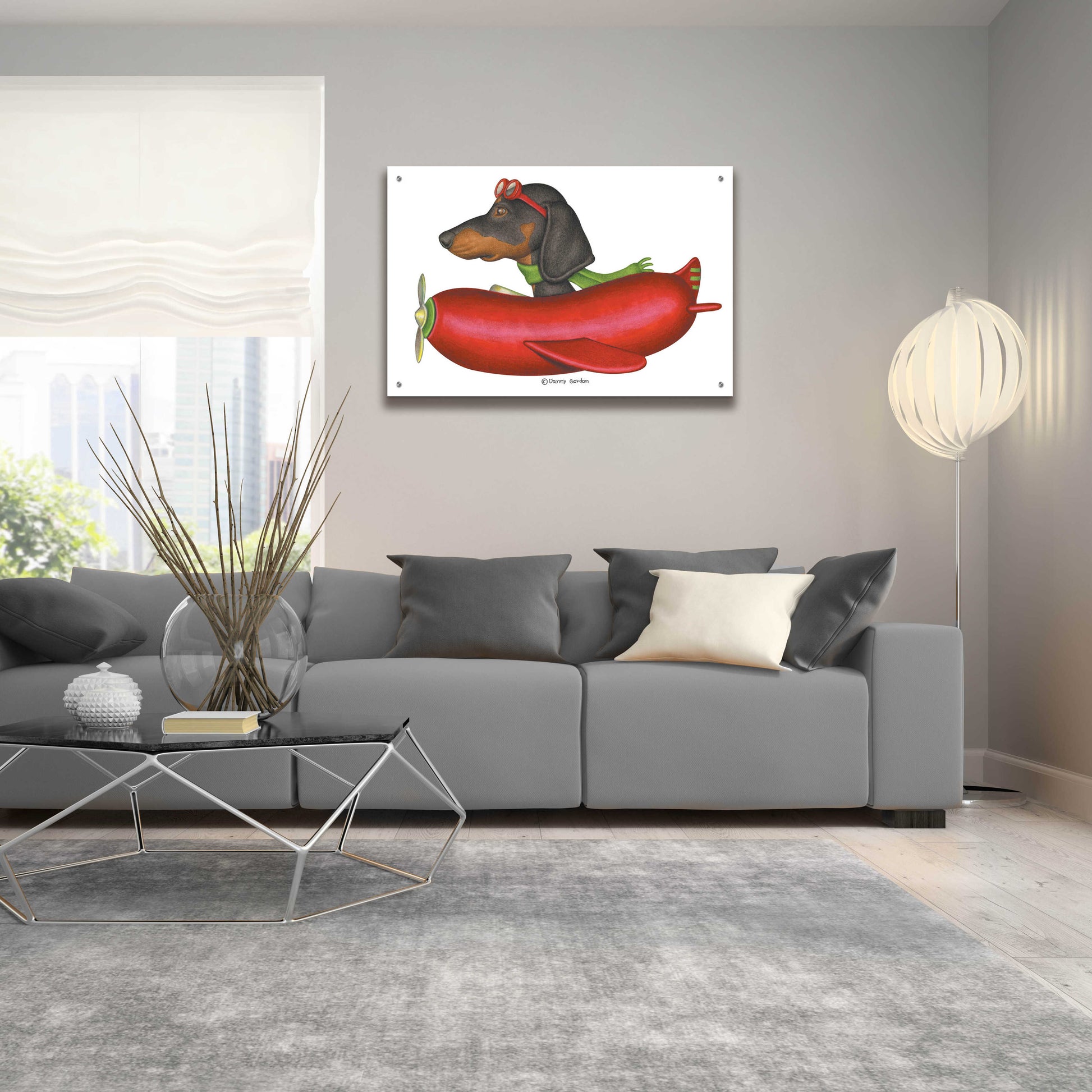 Epic Art 'Black Dachshund in Red Plane' by Danny Gordon Art, Acrylic Glass Wall Art,36x24