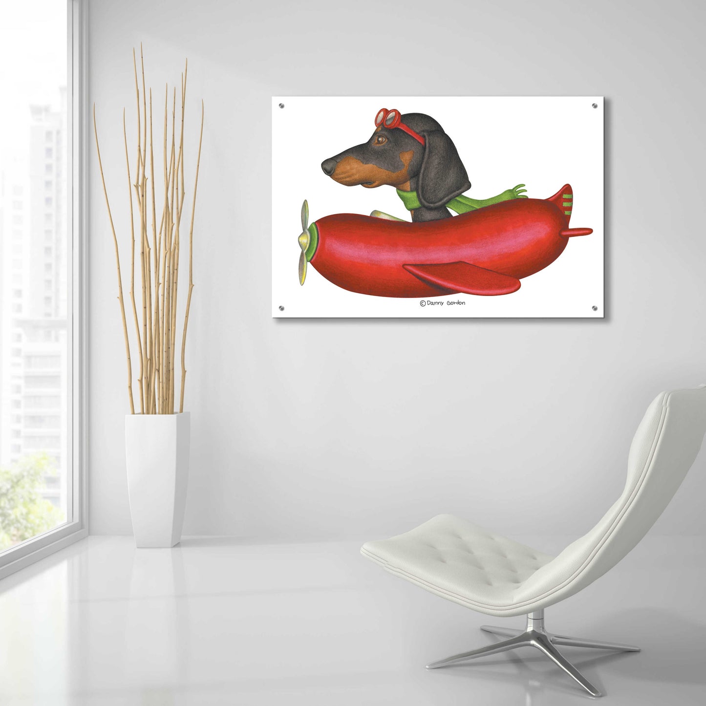 Epic Art 'Black Dachshund in Red Plane' by Danny Gordon Art, Acrylic Glass Wall Art,36x24