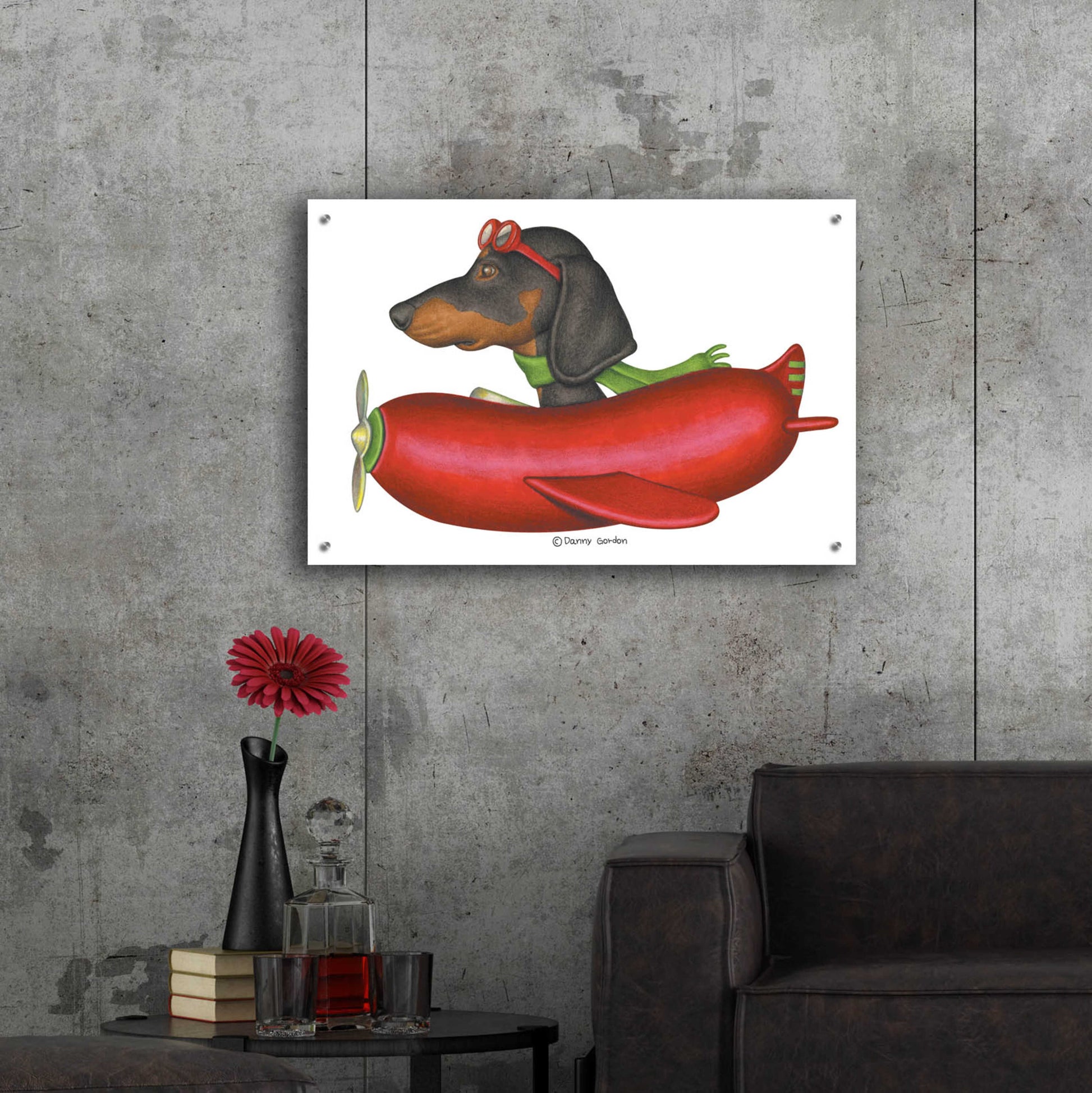 Epic Art 'Black Dachshund in Red Plane' by Danny Gordon Art, Acrylic Glass Wall Art,36x24