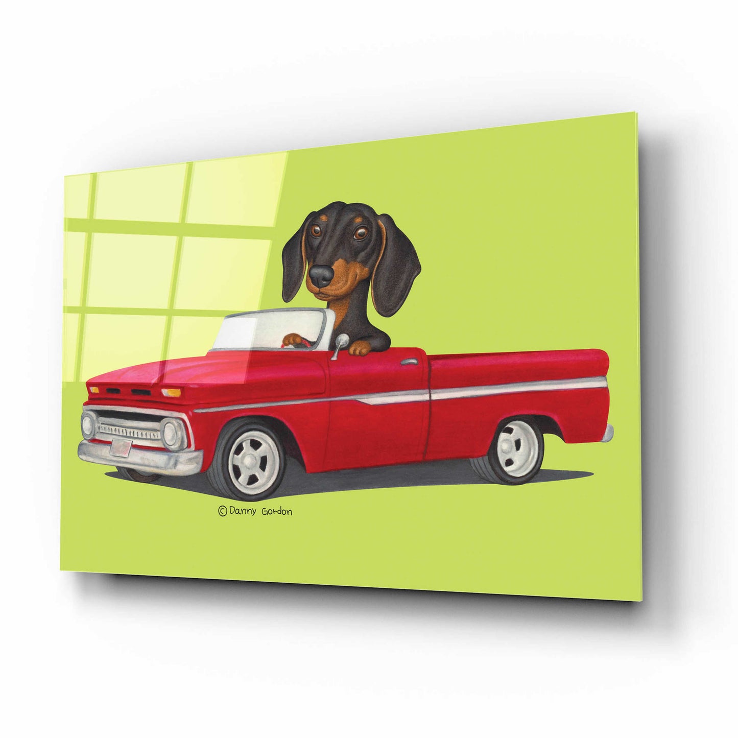 Epic Art 'Black Dachshund in Red Truck' by Danny Gordon Art, Acrylic Glass Wall Art,16x12