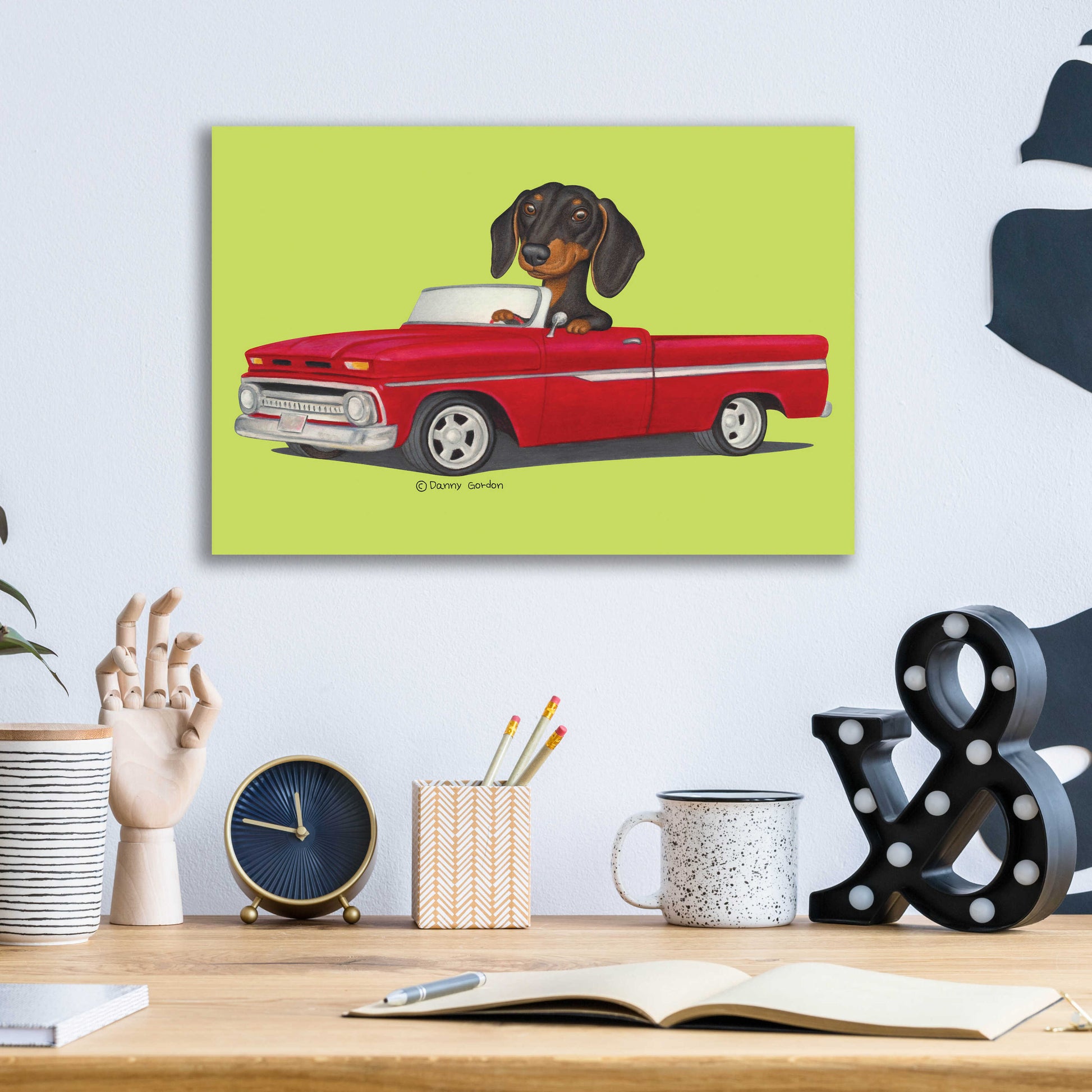 Epic Art 'Black Dachshund in Red Truck' by Danny Gordon Art, Acrylic Glass Wall Art,16x12