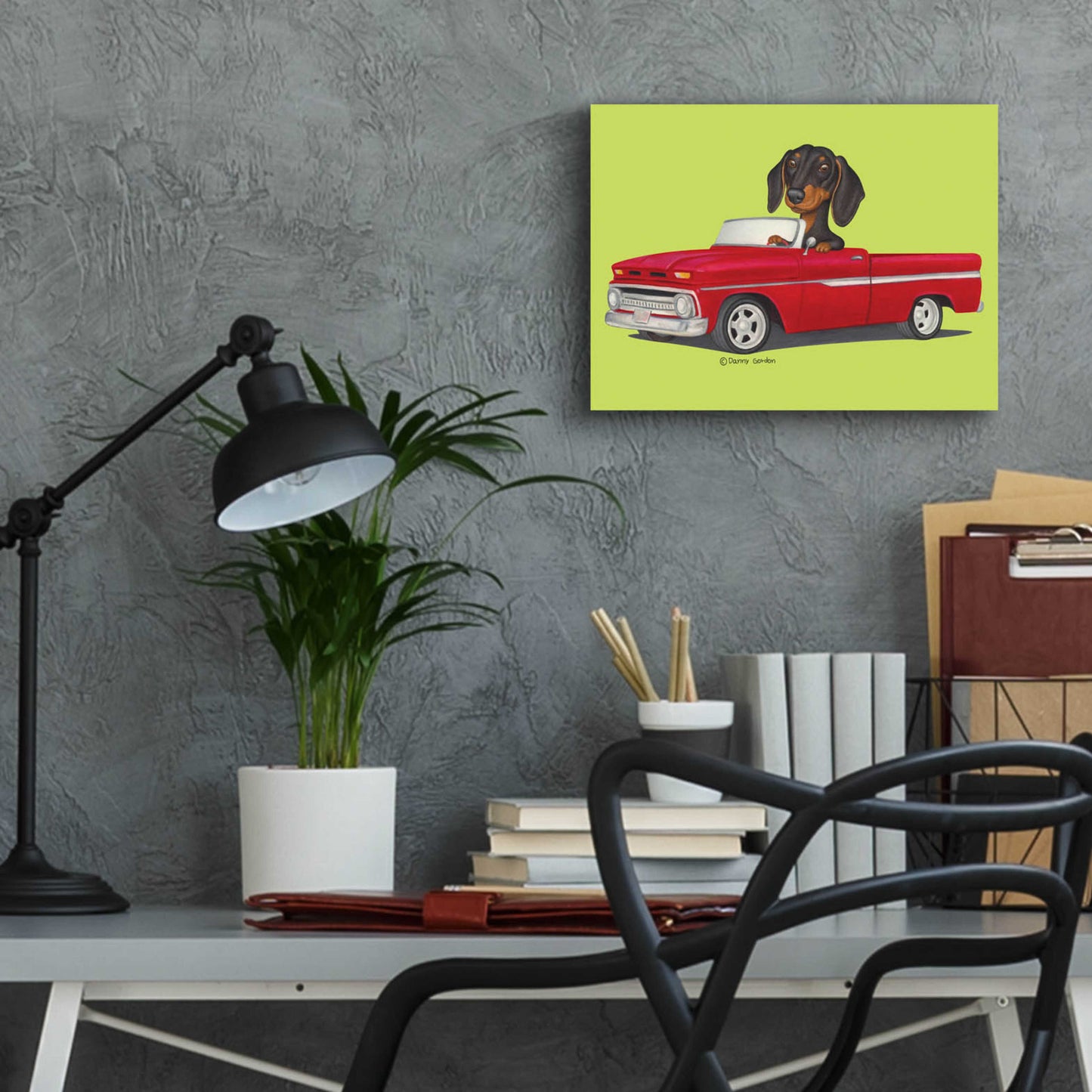 Epic Art 'Black Dachshund in Red Truck' by Danny Gordon Art, Acrylic Glass Wall Art,16x12