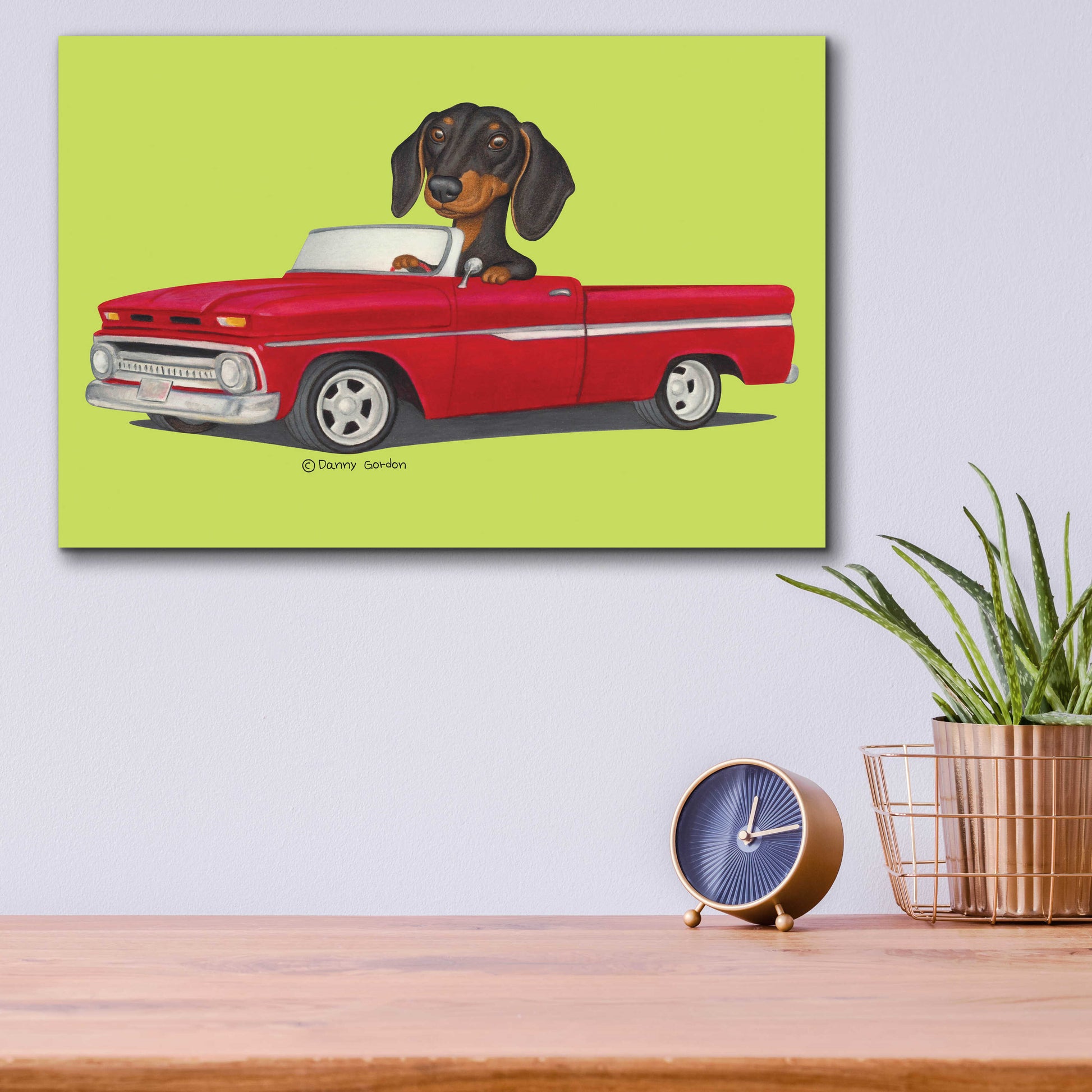 Epic Art 'Black Dachshund in Red Truck' by Danny Gordon Art, Acrylic Glass Wall Art,16x12