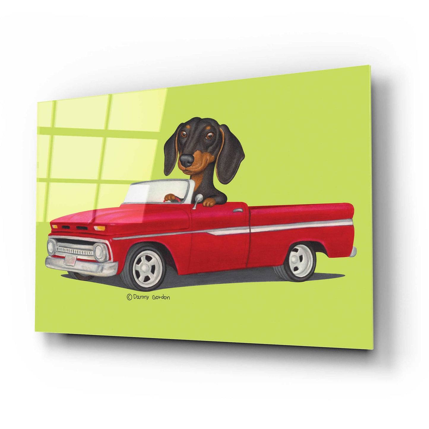 Epic Art 'Black Dachshund in Red Truck' by Danny Gordon Art, Acrylic Glass Wall Art,24x16