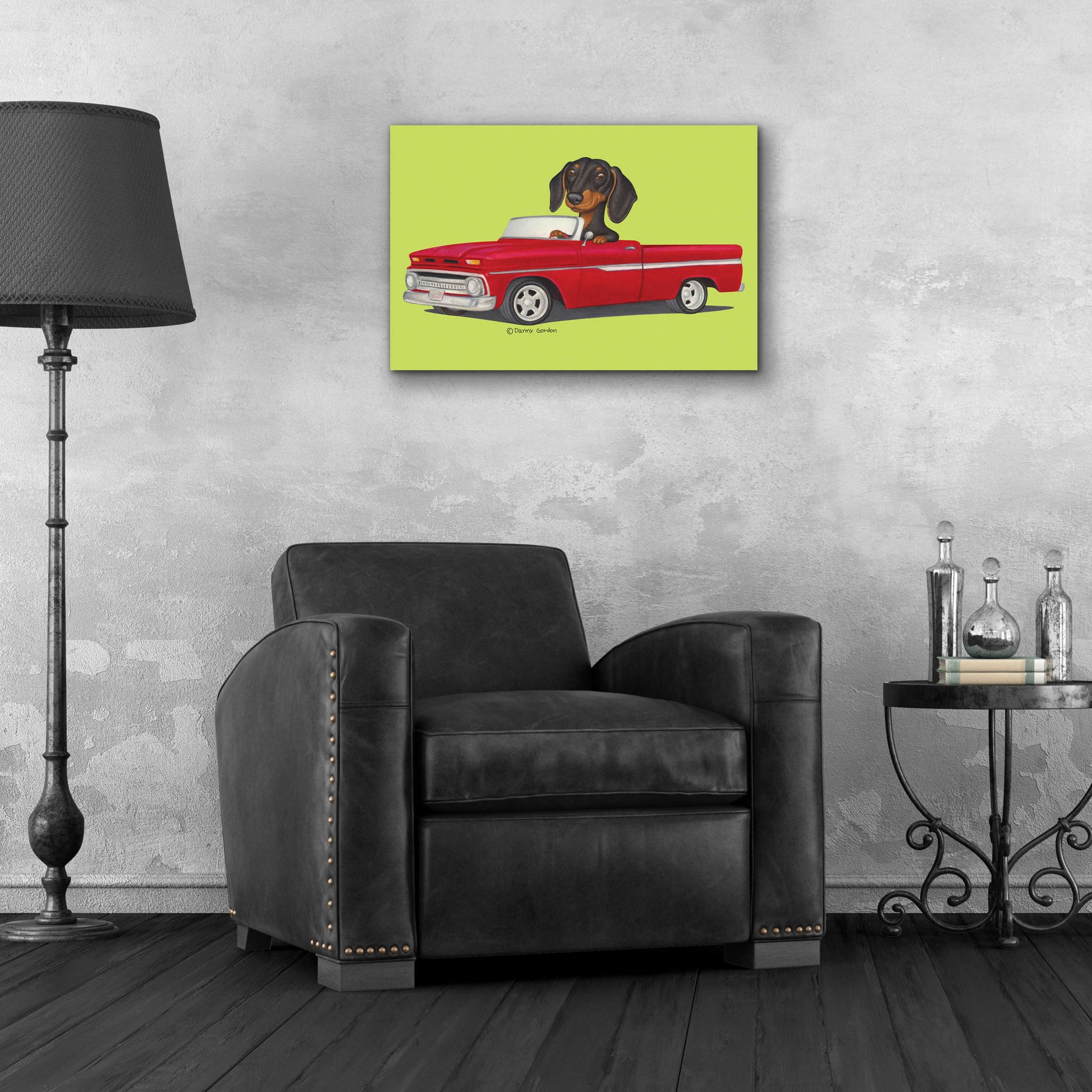 Epic Art 'Black Dachshund in Red Truck' by Danny Gordon Art, Acrylic Glass Wall Art,24x16