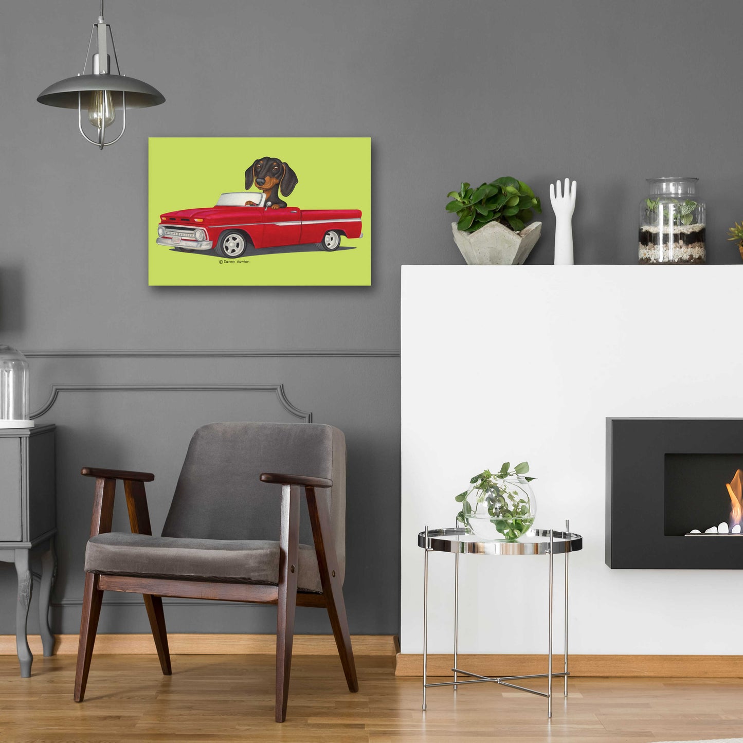 Epic Art 'Black Dachshund in Red Truck' by Danny Gordon Art, Acrylic Glass Wall Art,24x16