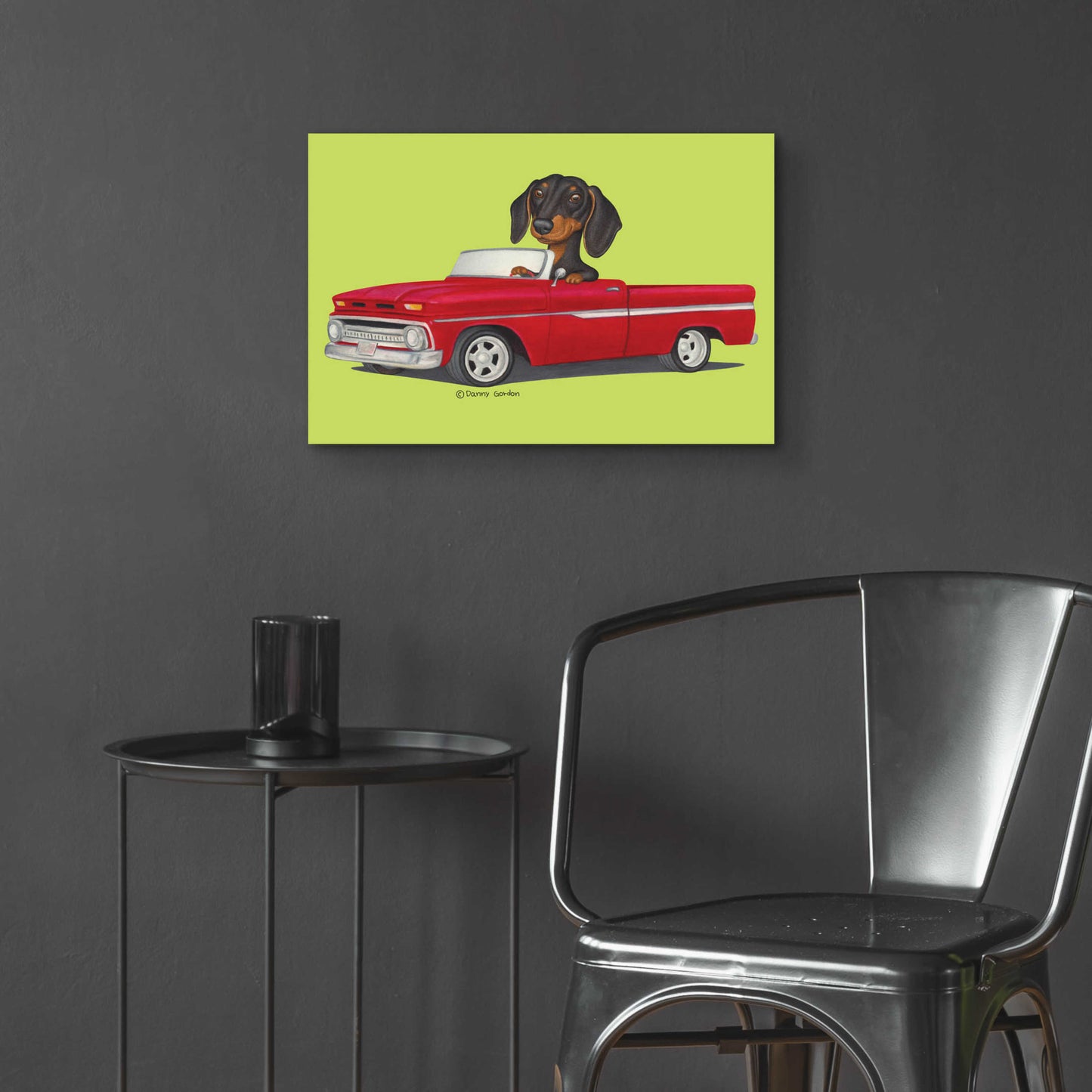 Epic Art 'Black Dachshund in Red Truck' by Danny Gordon Art, Acrylic Glass Wall Art,24x16