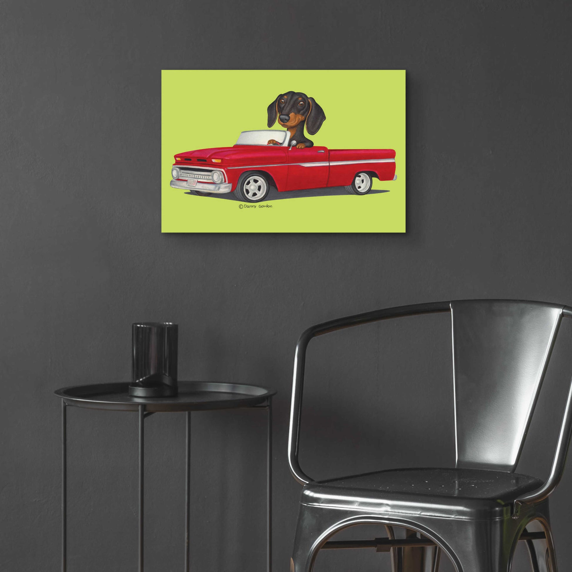 Epic Art 'Black Dachshund in Red Truck' by Danny Gordon Art, Acrylic Glass Wall Art,24x16