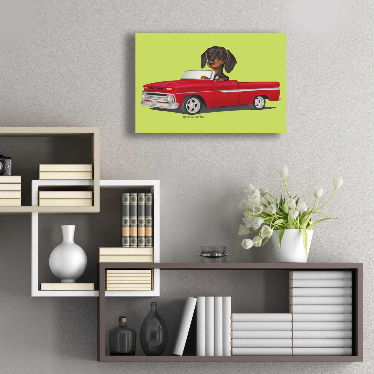 Epic Art 'Black Dachshund in Red Truck' by Danny Gordon Art, Acrylic Glass Wall Art,24x16