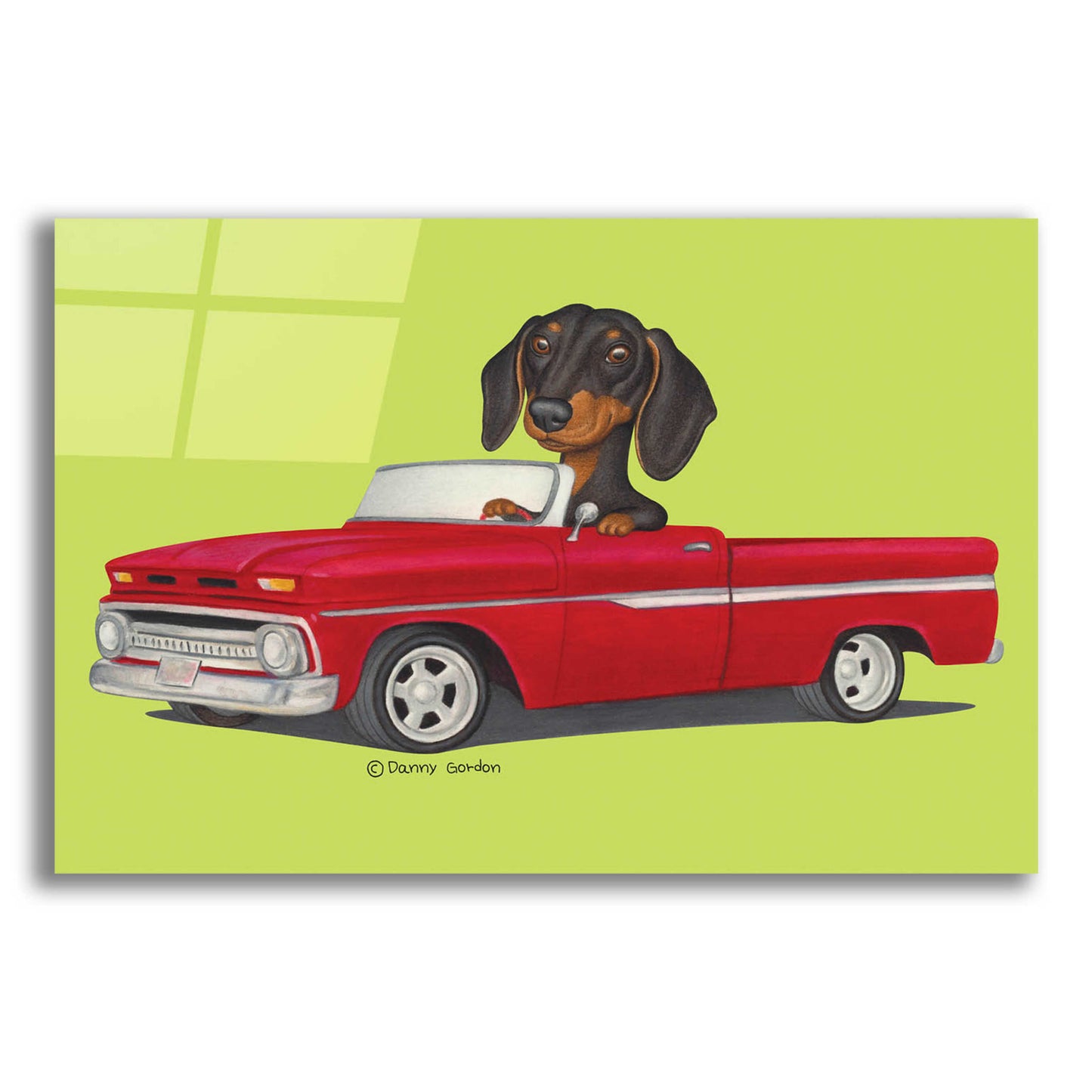 Epic Art 'Black Dachshund in Red Truck' by Danny Gordon Art, Acrylic Glass Wall Art,24x16