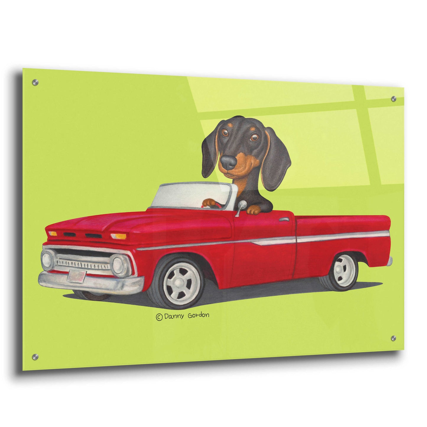 Epic Art 'Black Dachshund in Red Truck' by Danny Gordon Art, Acrylic Glass Wall Art,36x24