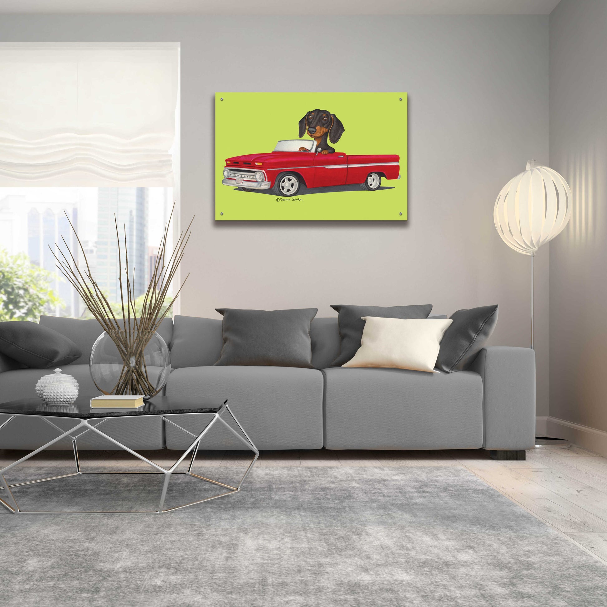 Epic Art 'Black Dachshund in Red Truck' by Danny Gordon Art, Acrylic Glass Wall Art,36x24