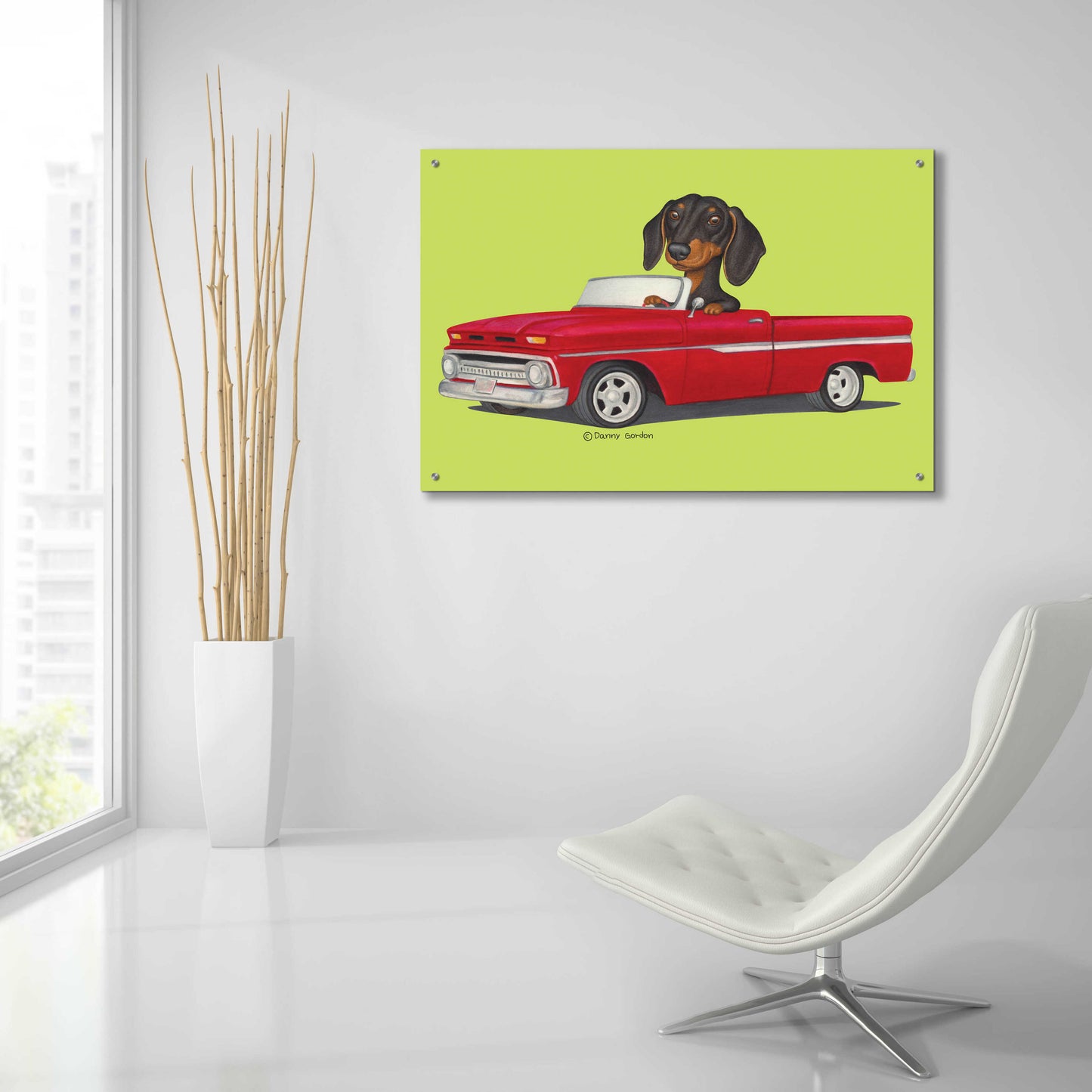 Epic Art 'Black Dachshund in Red Truck' by Danny Gordon Art, Acrylic Glass Wall Art,36x24