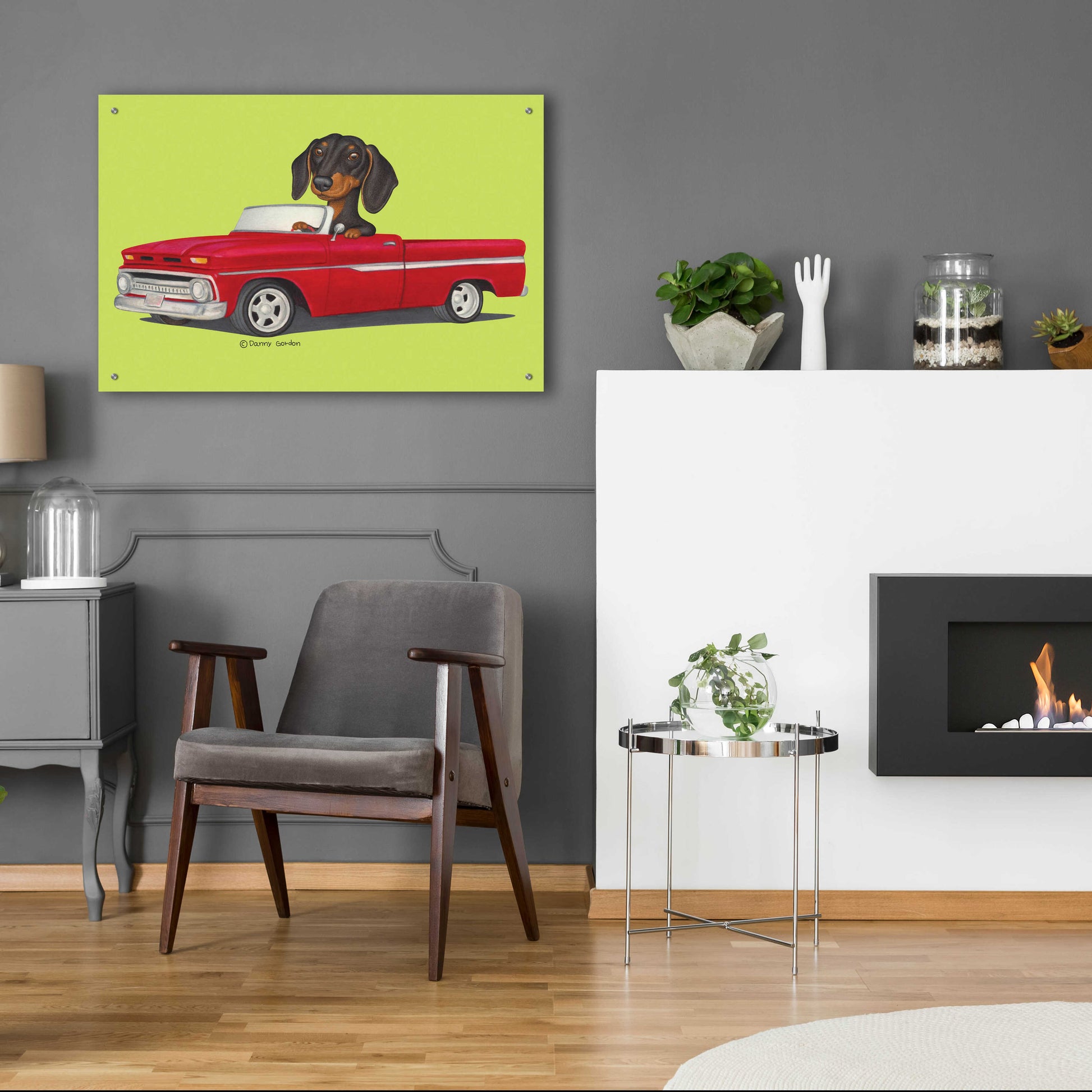 Epic Art 'Black Dachshund in Red Truck' by Danny Gordon Art, Acrylic Glass Wall Art,36x24