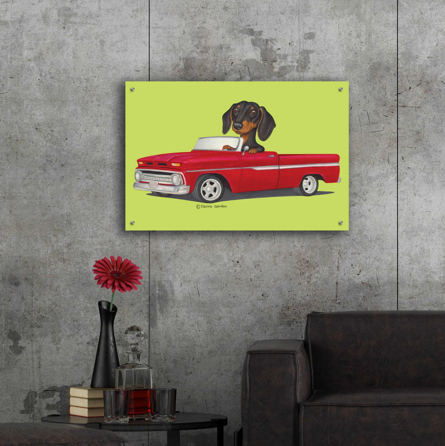 Epic Art 'Black Dachshund in Red Truck' by Danny Gordon Art, Acrylic Glass Wall Art,36x24