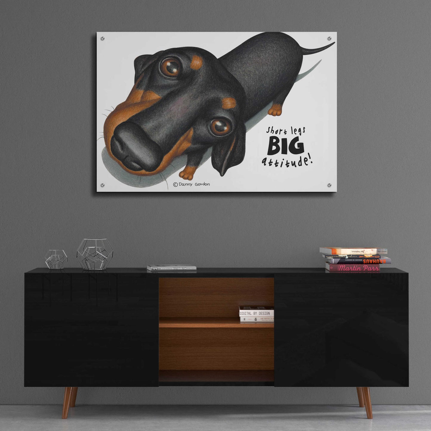 Epic Art 'Black Dachshund Looking Up' by Danny Gordon Art, Acrylic Glass Wall Art,36x24