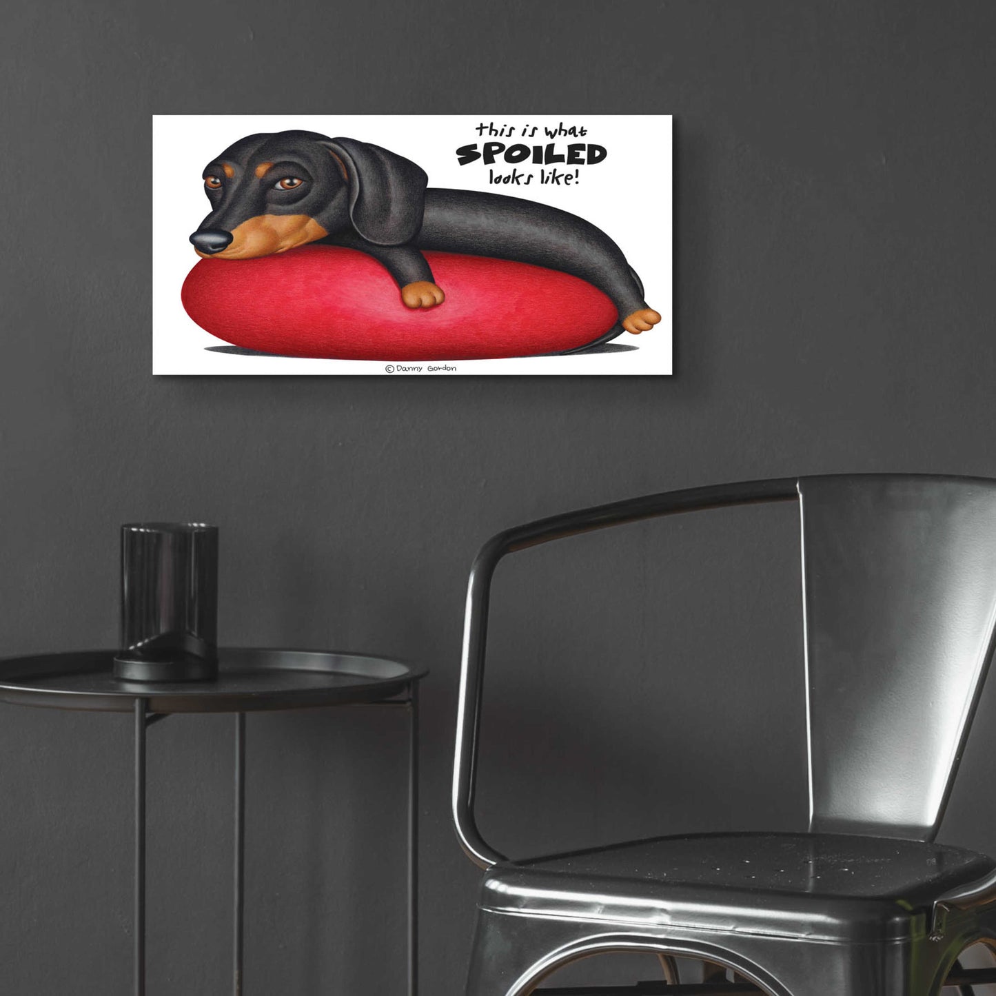 Epic Art 'Black Dachshund on Red Cushion' by Danny Gordon Art, Acrylic Glass Wall Art,24x12