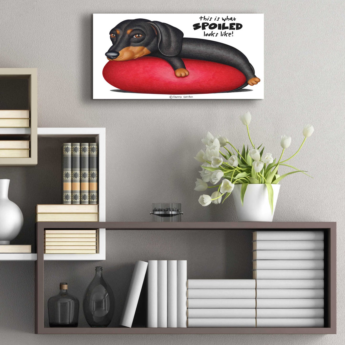 Epic Art 'Black Dachshund on Red Cushion' by Danny Gordon Art, Acrylic Glass Wall Art,24x12