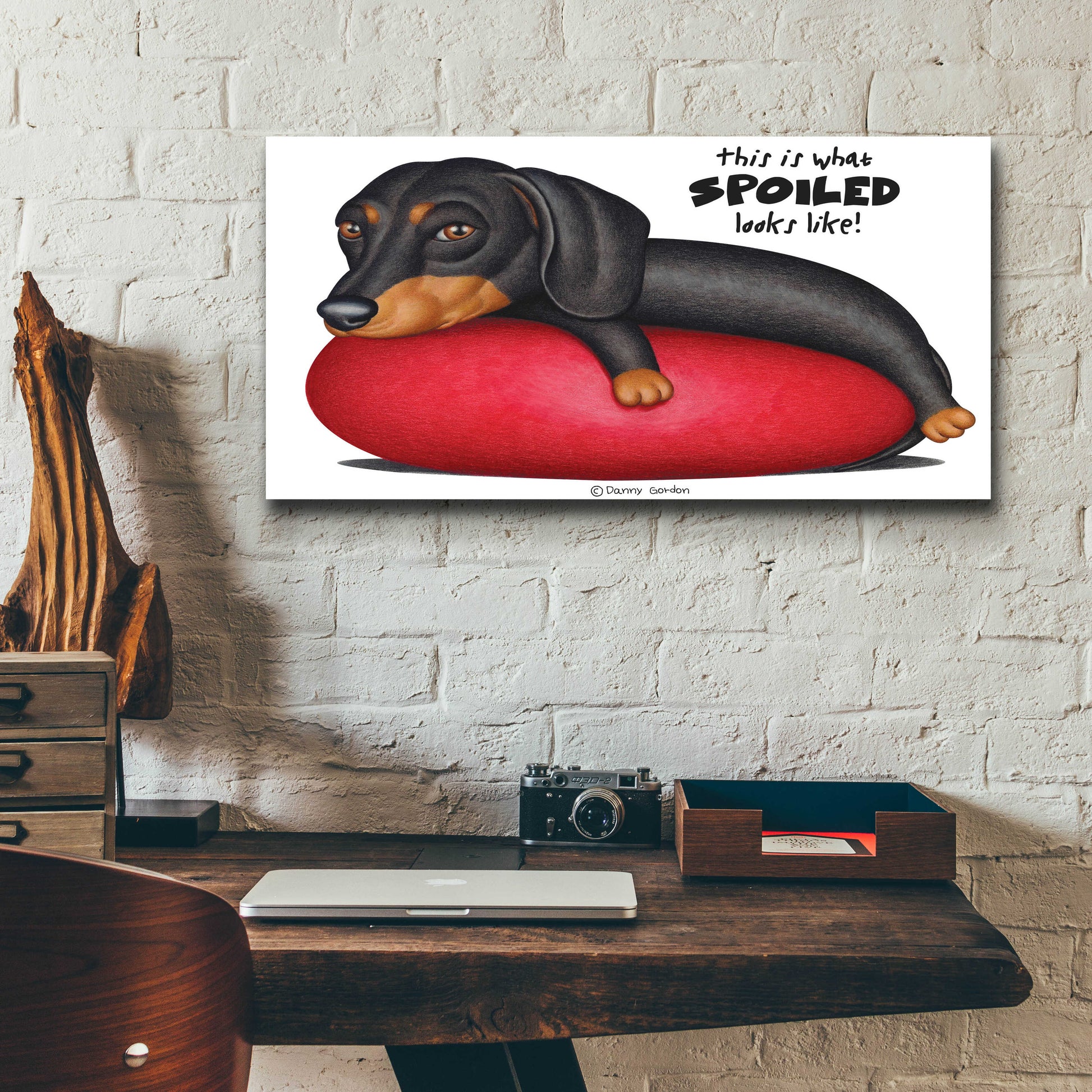 Epic Art 'Black Dachshund on Red Cushion' by Danny Gordon Art, Acrylic Glass Wall Art,24x12