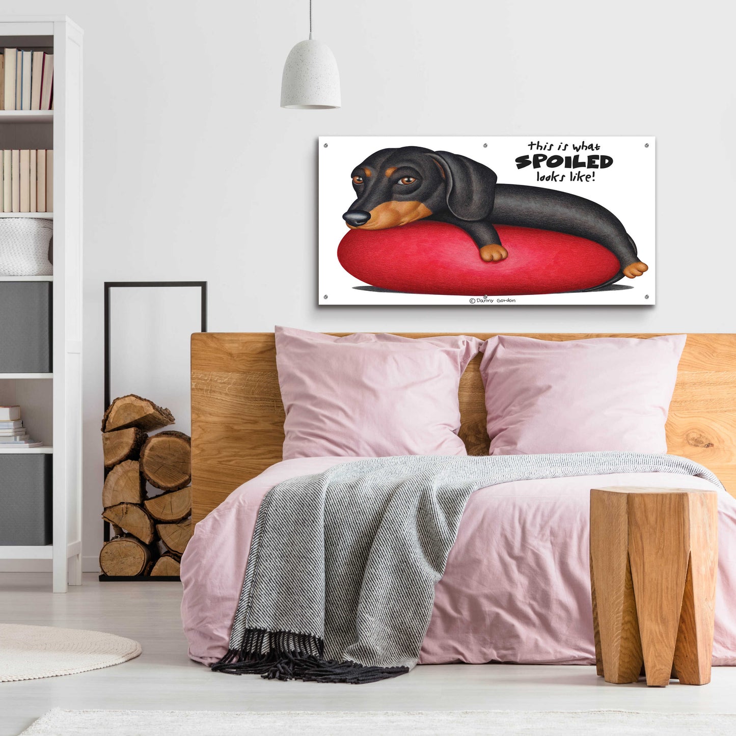 Epic Art 'Black Dachshund on Red Cushion' by Danny Gordon Art, Acrylic Glass Wall Art,48x24