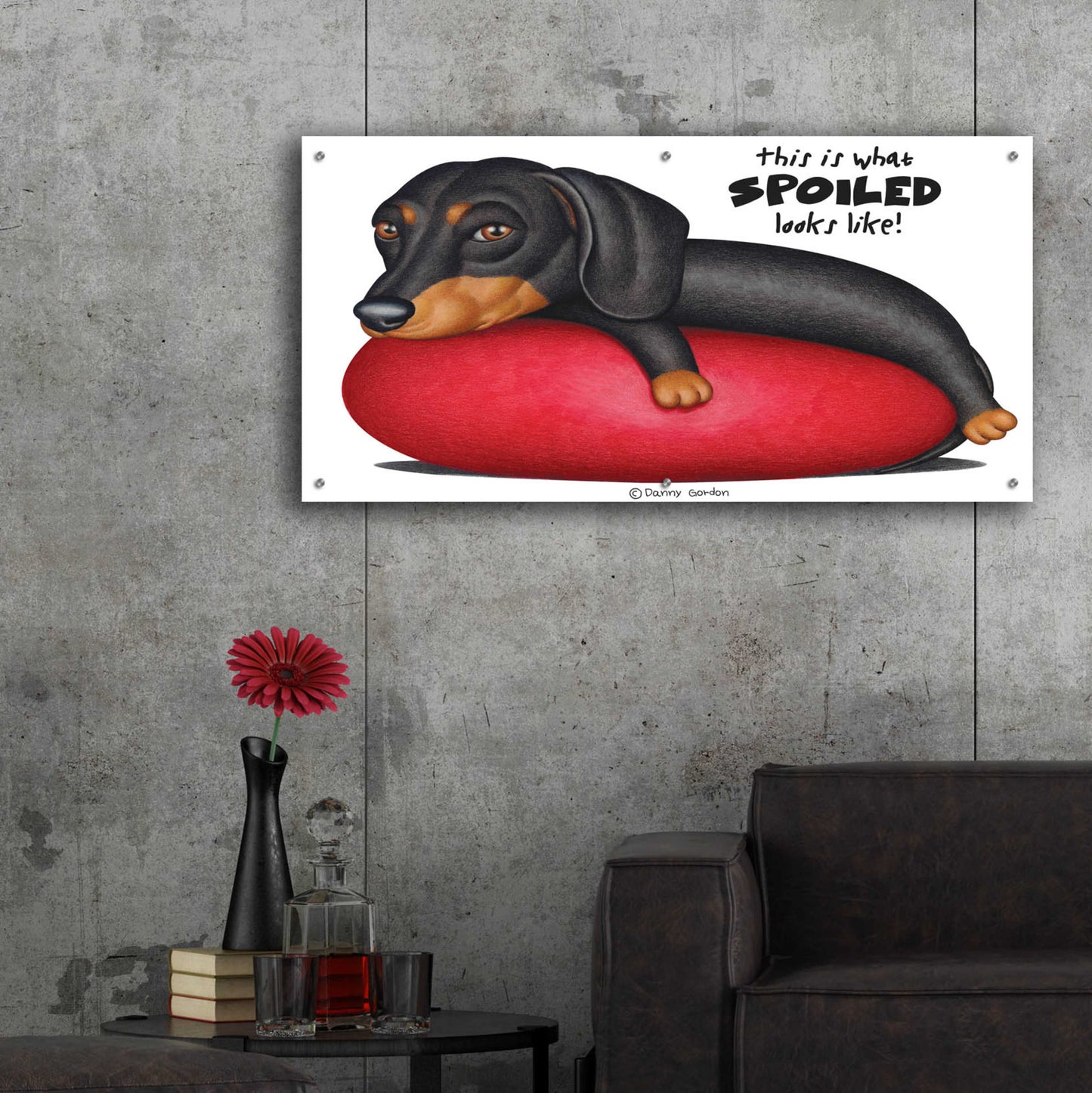 Epic Art 'Black Dachshund on Red Cushion' by Danny Gordon Art, Acrylic Glass Wall Art,48x24