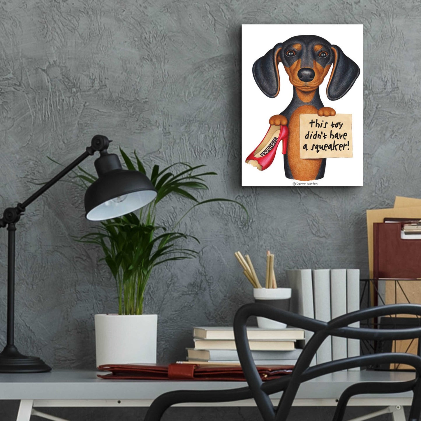 Epic Art 'Black Dachshund Red Shoe' by Danny Gordon Art, Acrylic Glass Wall Art,12x16