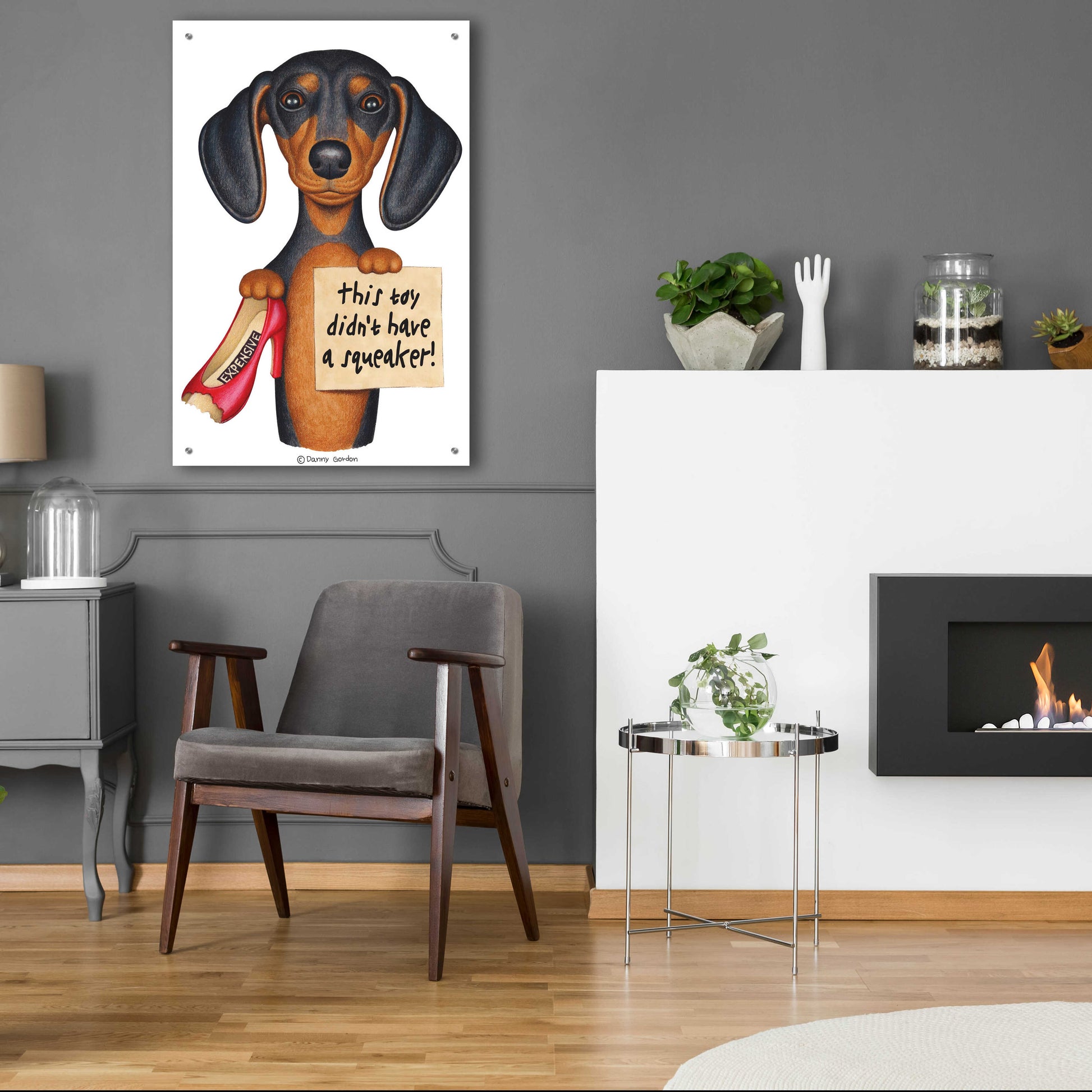 Epic Art 'Black Dachshund Red Shoe' by Danny Gordon Art, Acrylic Glass Wall Art,24x36