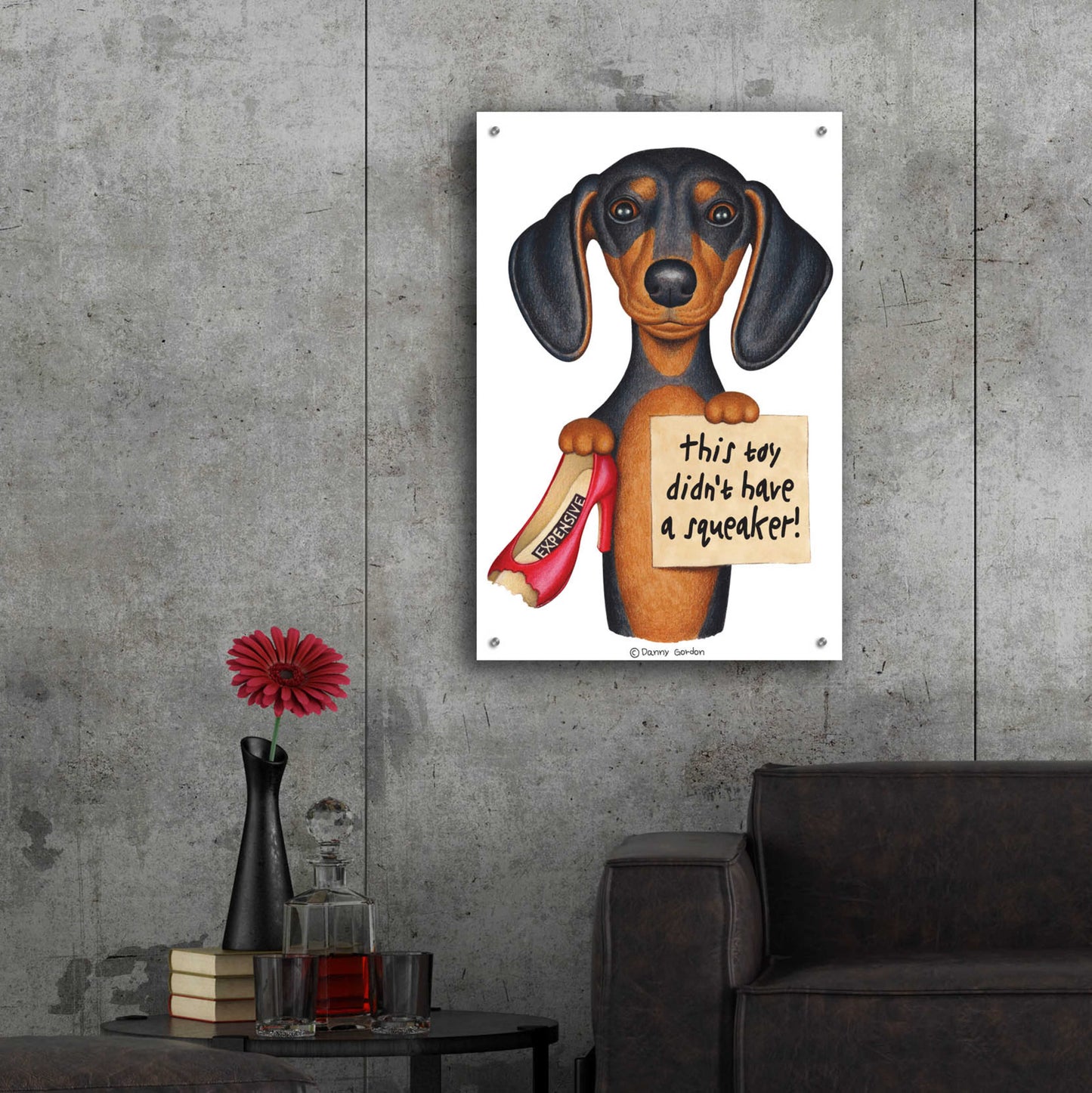 Epic Art 'Black Dachshund Red Shoe' by Danny Gordon Art, Acrylic Glass Wall Art,24x36