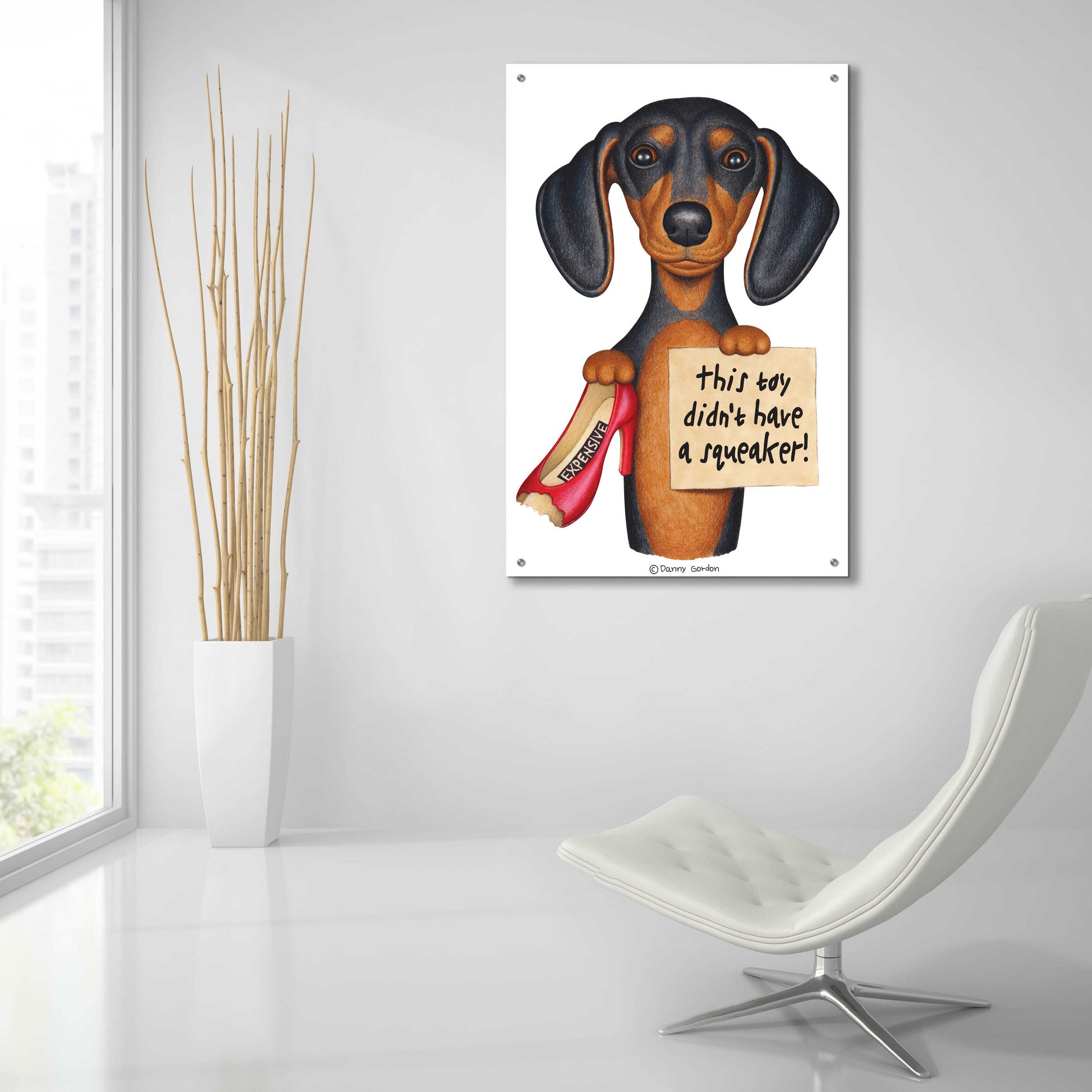 Epic Art 'Black Dachshund Red Shoe' by Danny Gordon Art, Acrylic Glass Wall Art,24x36