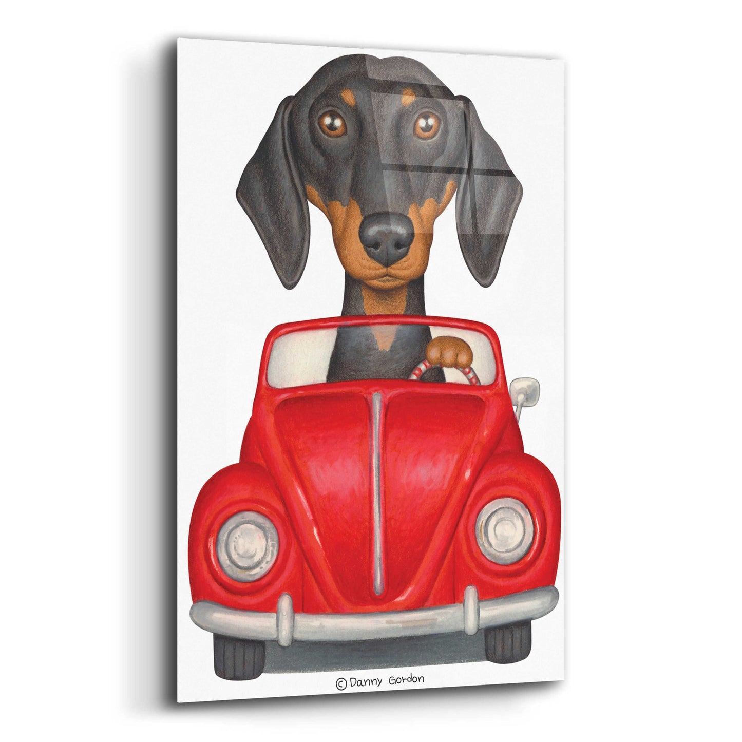 Epic Art 'Black Dachshund Red Volkswagon' by Danny Gordon Art, Acrylic Glass Wall Art,12x16