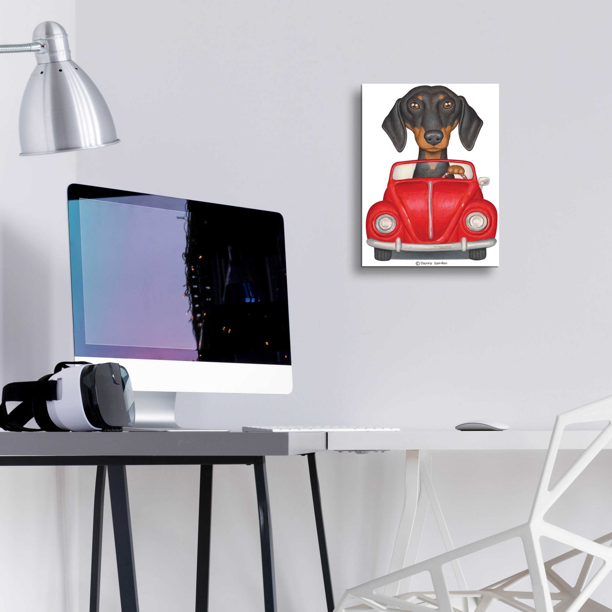 Epic Art 'Black Dachshund Red Volkswagon' by Danny Gordon Art, Acrylic Glass Wall Art,12x16