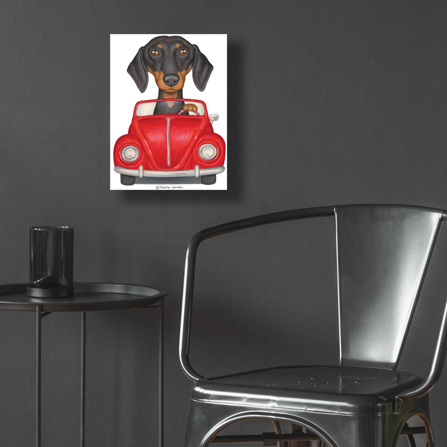 Epic Art 'Black Dachshund Red Volkswagon' by Danny Gordon Art, Acrylic Glass Wall Art,12x16