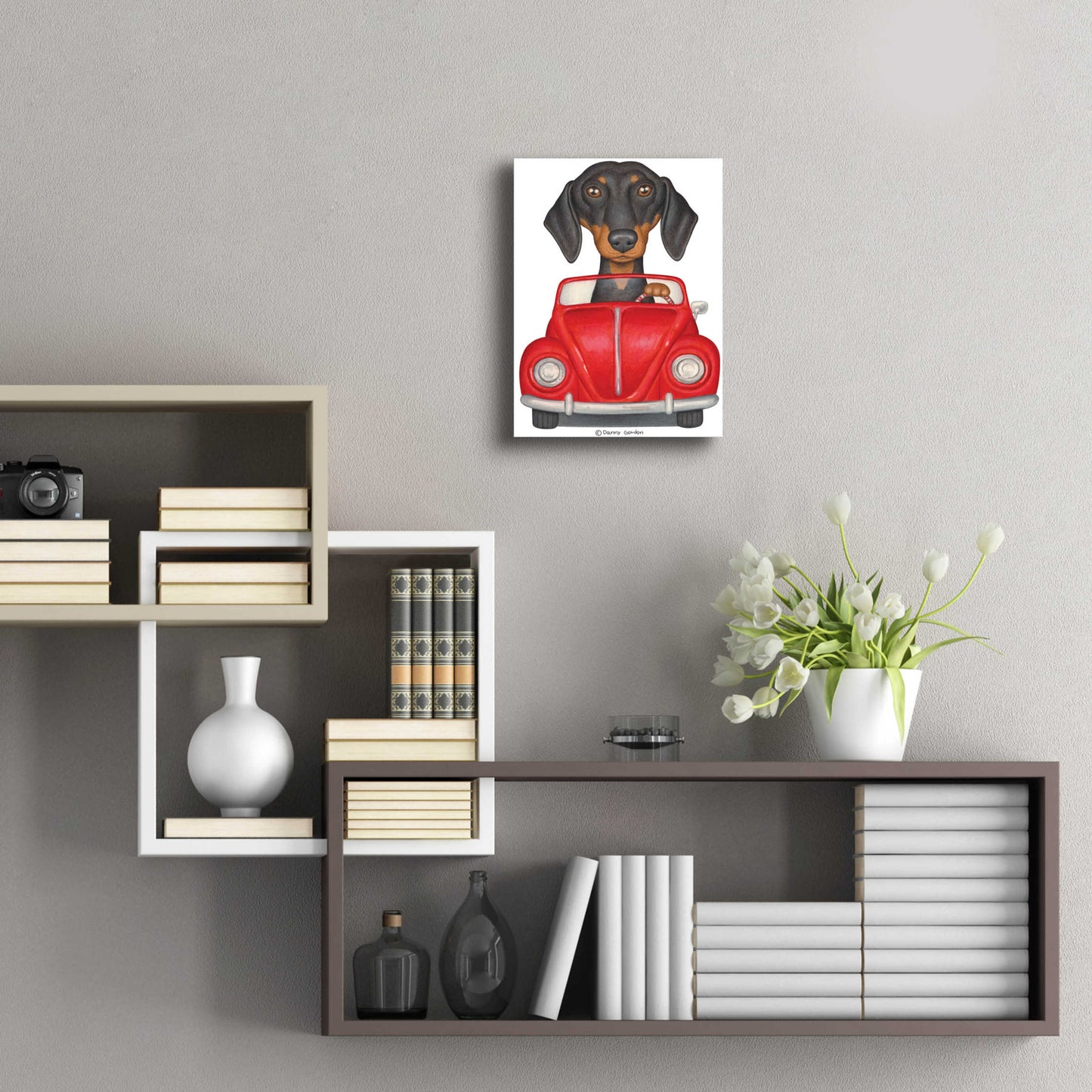 Epic Art 'Black Dachshund Red Volkswagon' by Danny Gordon Art, Acrylic Glass Wall Art,12x16