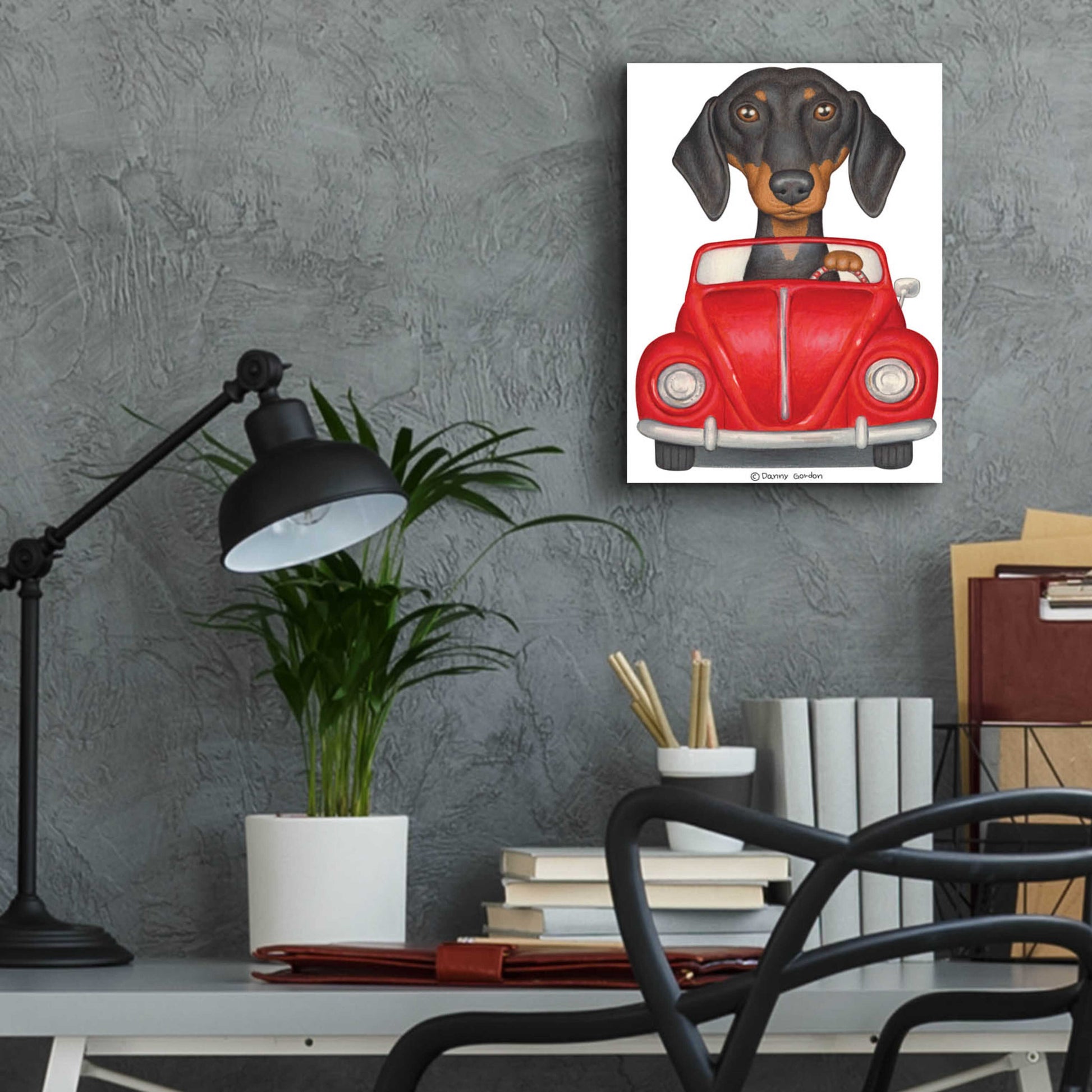 Epic Art 'Black Dachshund Red Volkswagon' by Danny Gordon Art, Acrylic Glass Wall Art,12x16