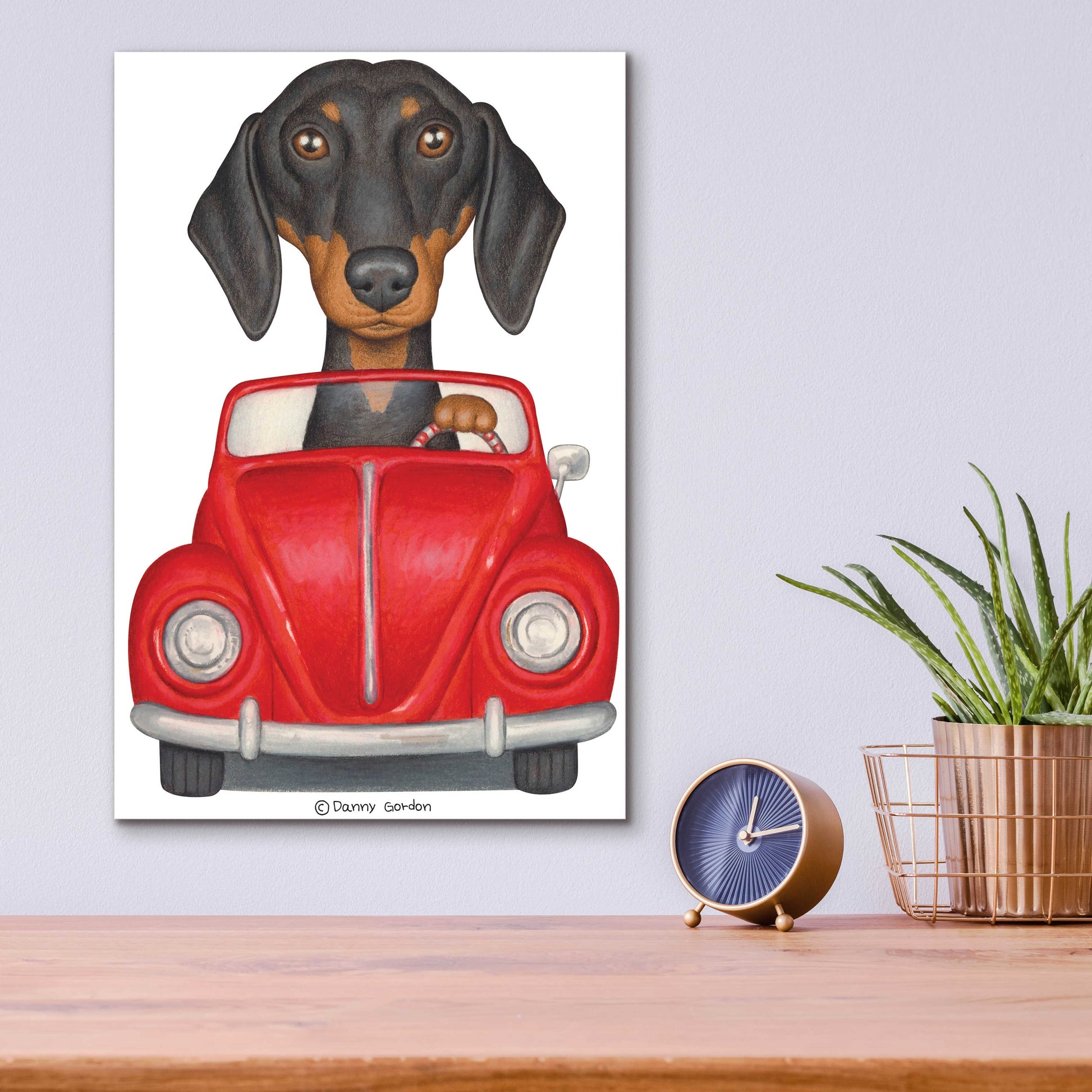 Epic Art 'Black Dachshund Red Volkswagon' by Danny Gordon Art, Acrylic Glass Wall Art,12x16