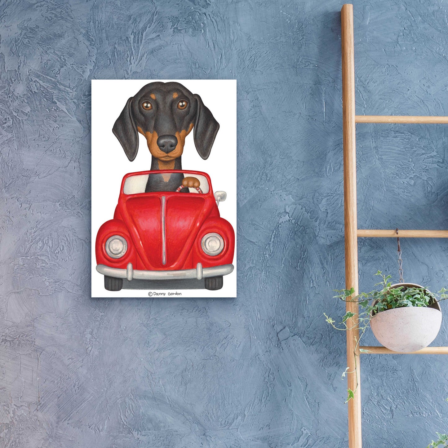 Epic Art 'Black Dachshund Red Volkswagon' by Danny Gordon Art, Acrylic Glass Wall Art,16x24