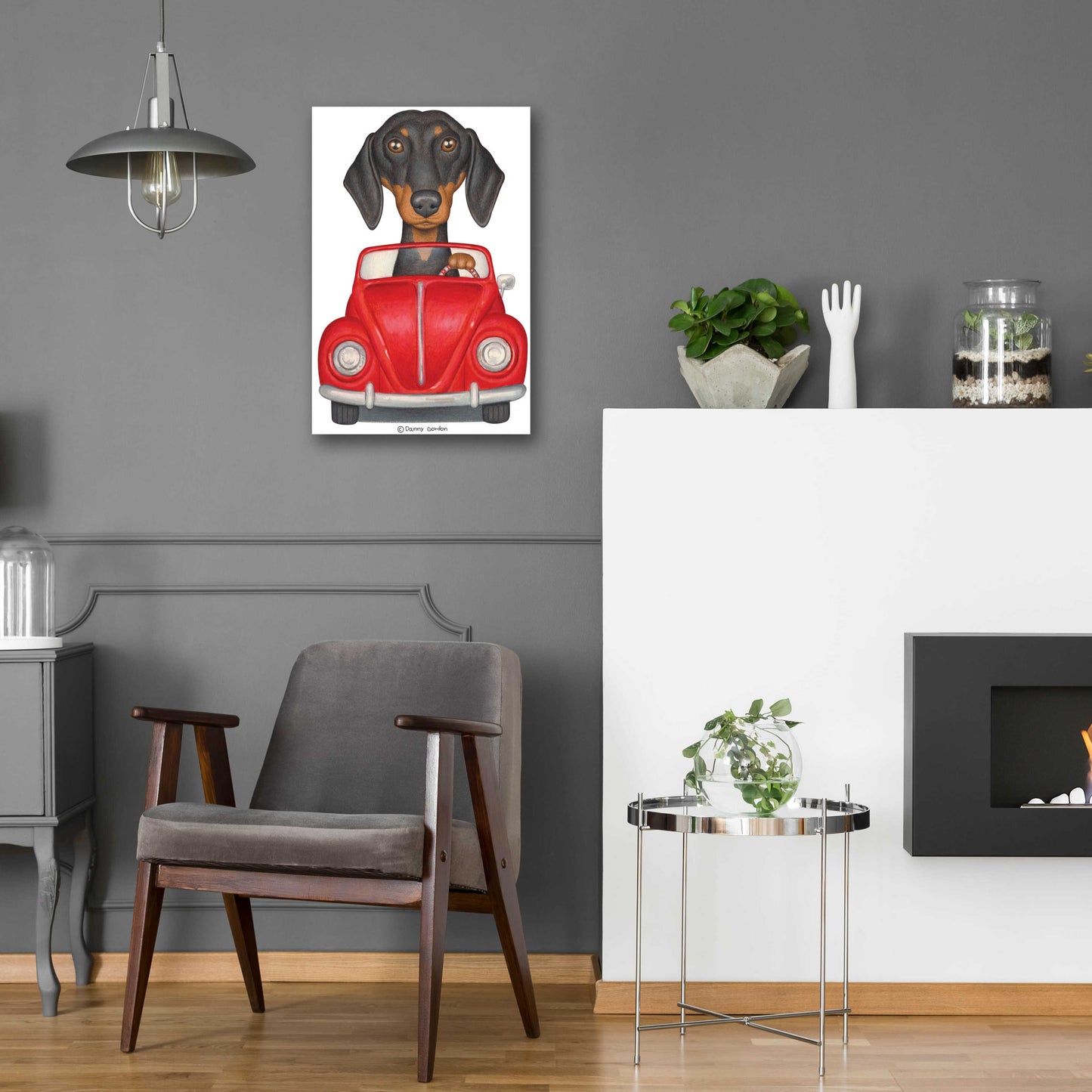 Epic Art 'Black Dachshund Red Volkswagon' by Danny Gordon Art, Acrylic Glass Wall Art,16x24