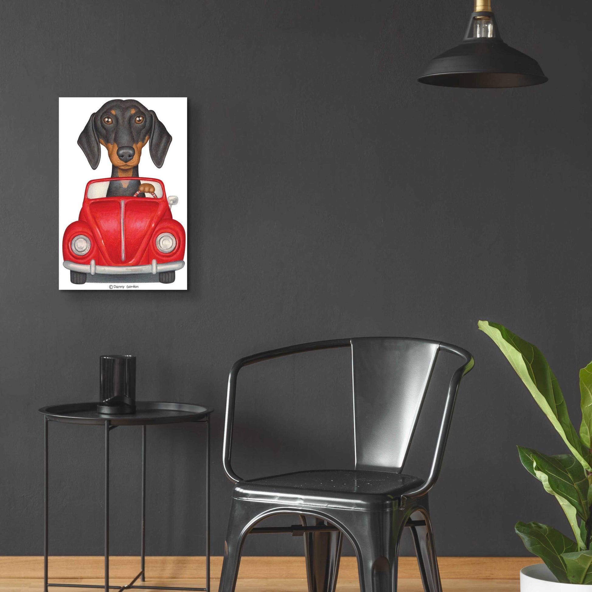 Epic Art 'Black Dachshund Red Volkswagon' by Danny Gordon Art, Acrylic Glass Wall Art,16x24