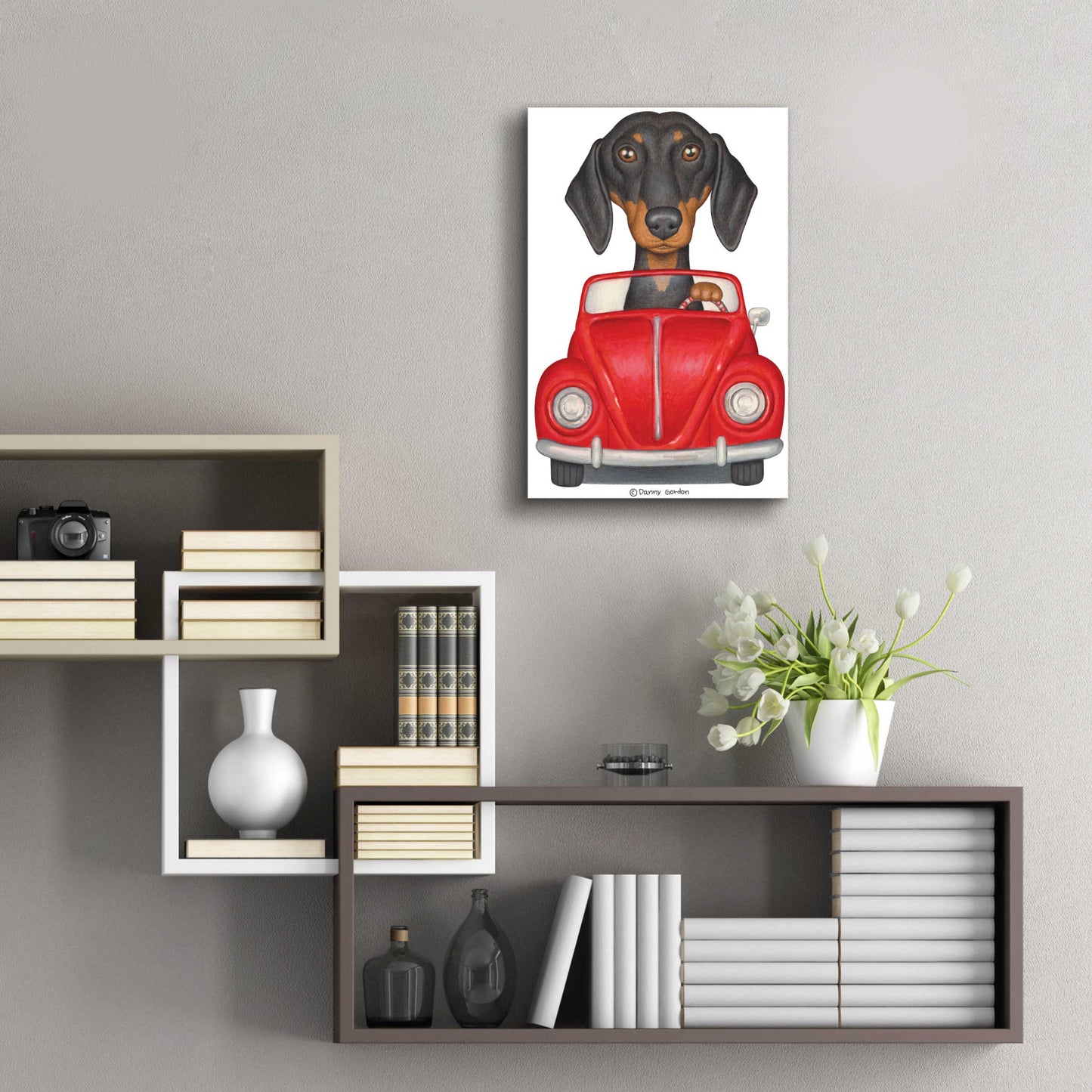 Epic Art 'Black Dachshund Red Volkswagon' by Danny Gordon Art, Acrylic Glass Wall Art,16x24