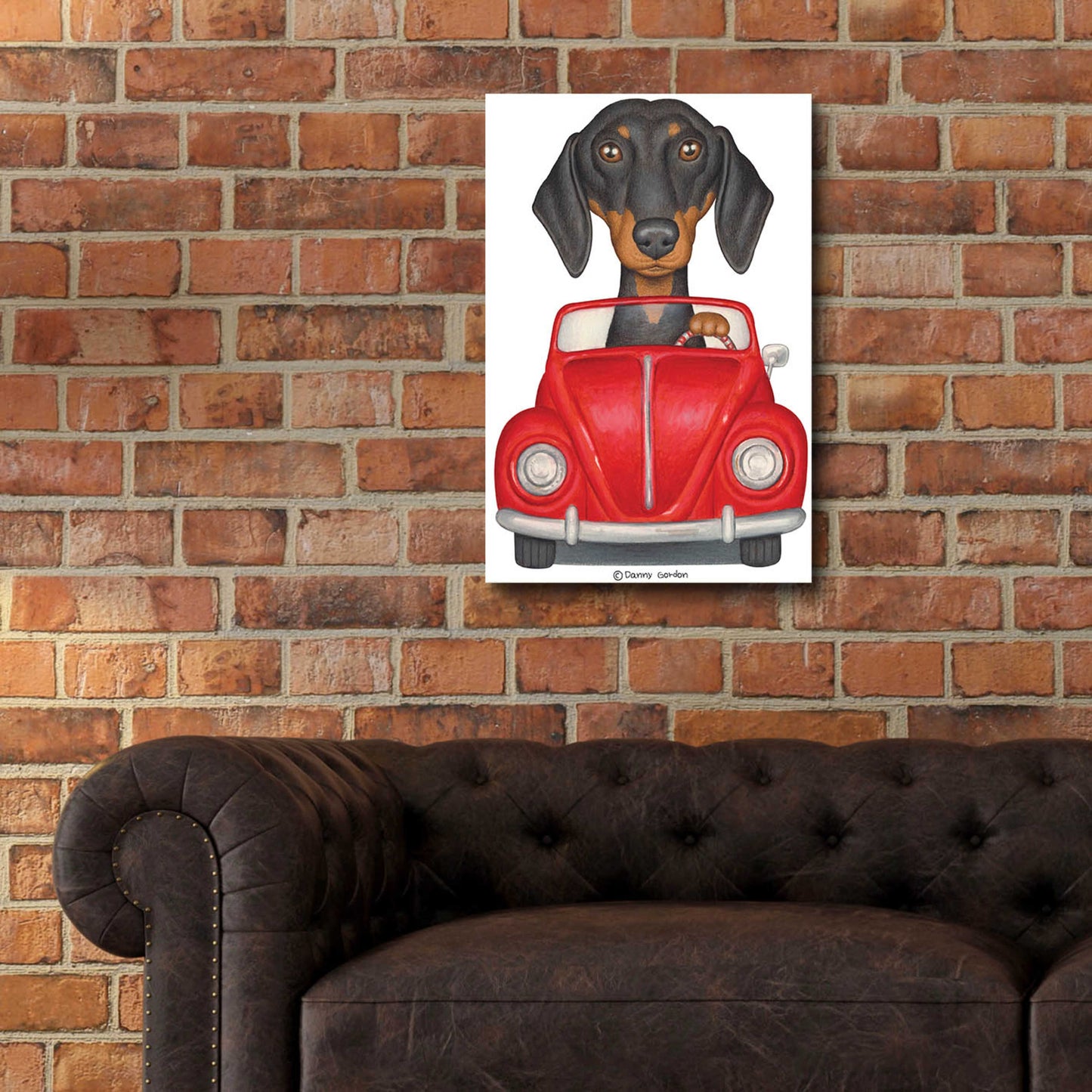 Epic Art 'Black Dachshund Red Volkswagon' by Danny Gordon Art, Acrylic Glass Wall Art,16x24