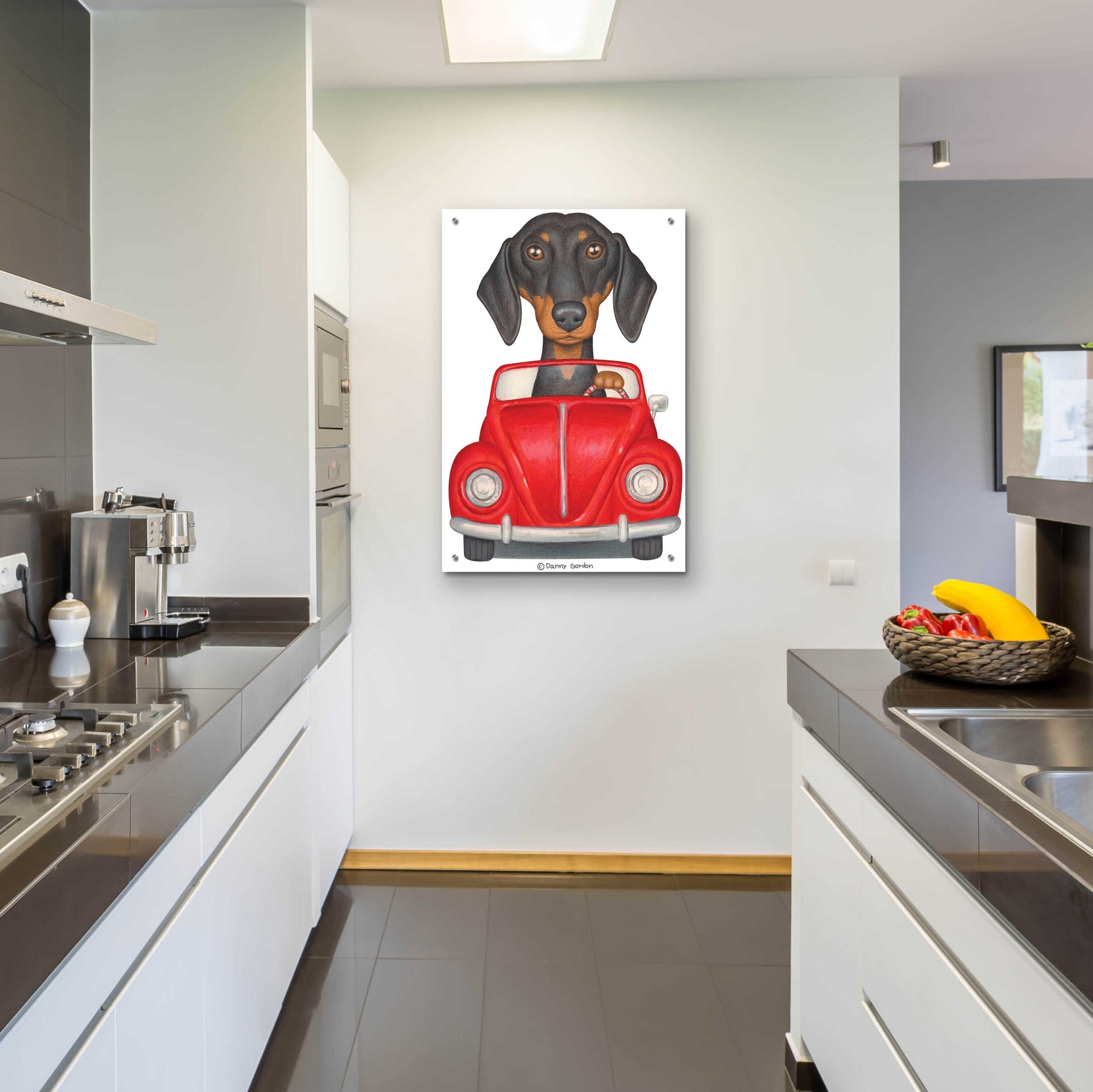 Epic Art 'Black Dachshund Red Volkswagon' by Danny Gordon Art, Acrylic Glass Wall Art,24x36