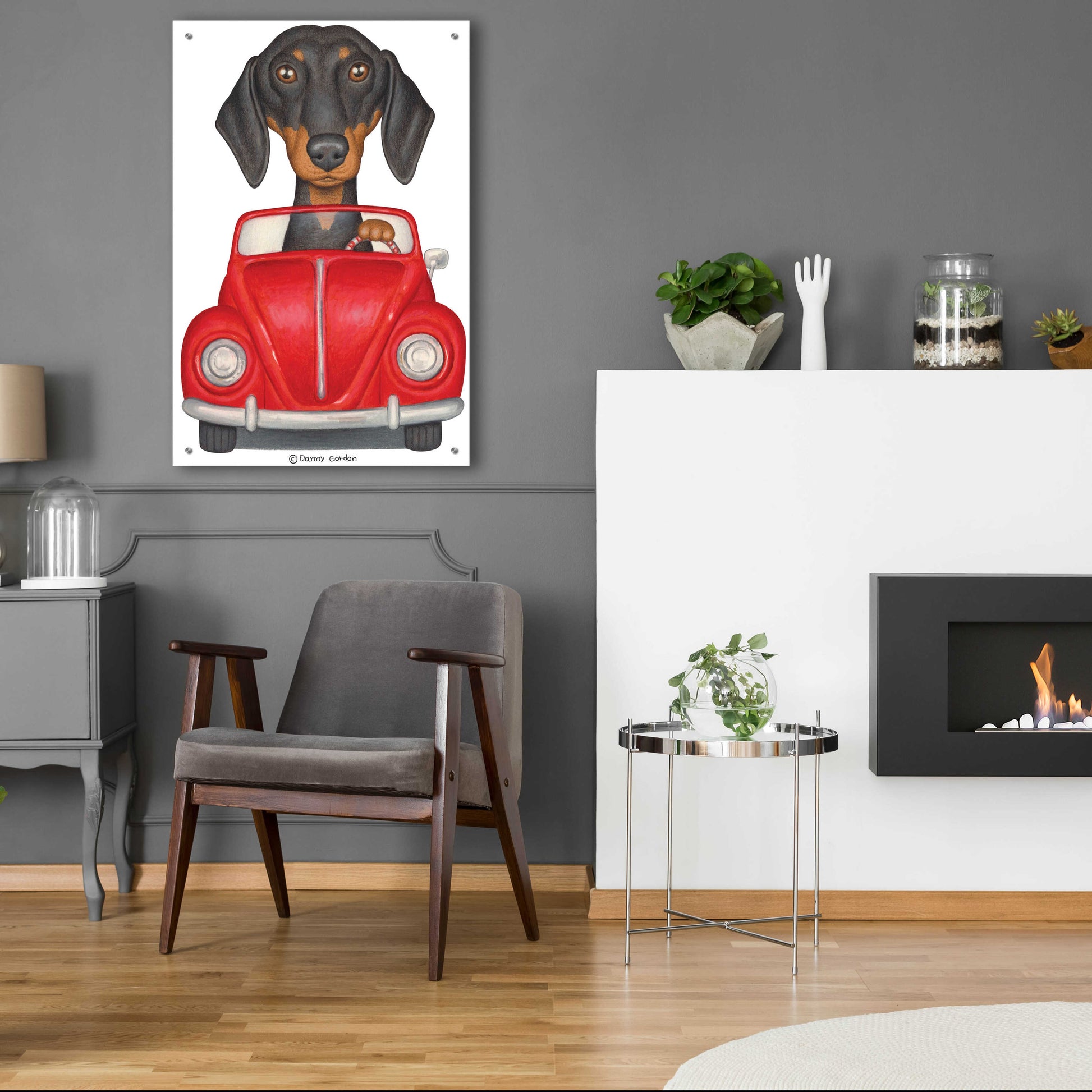 Epic Art 'Black Dachshund Red Volkswagon' by Danny Gordon Art, Acrylic Glass Wall Art,24x36