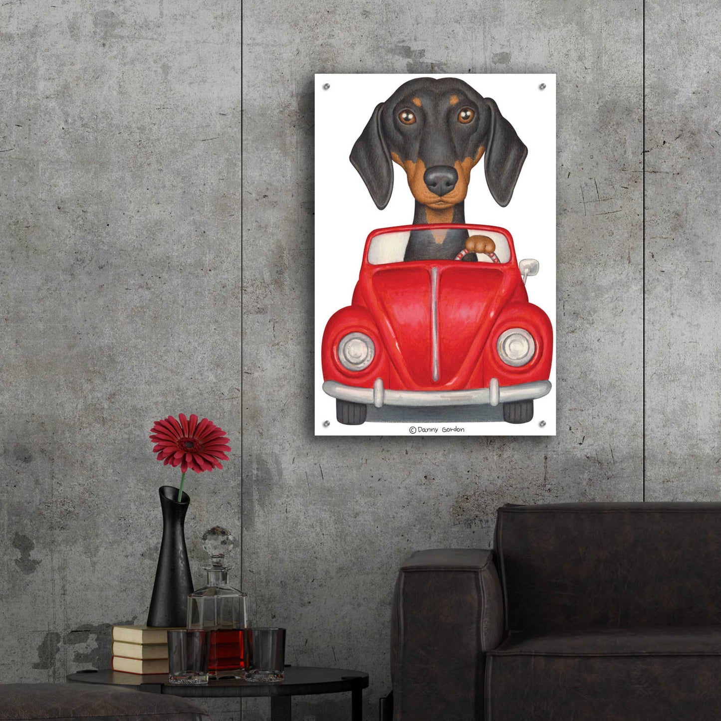 Epic Art 'Black Dachshund Red Volkswagon' by Danny Gordon Art, Acrylic Glass Wall Art,24x36