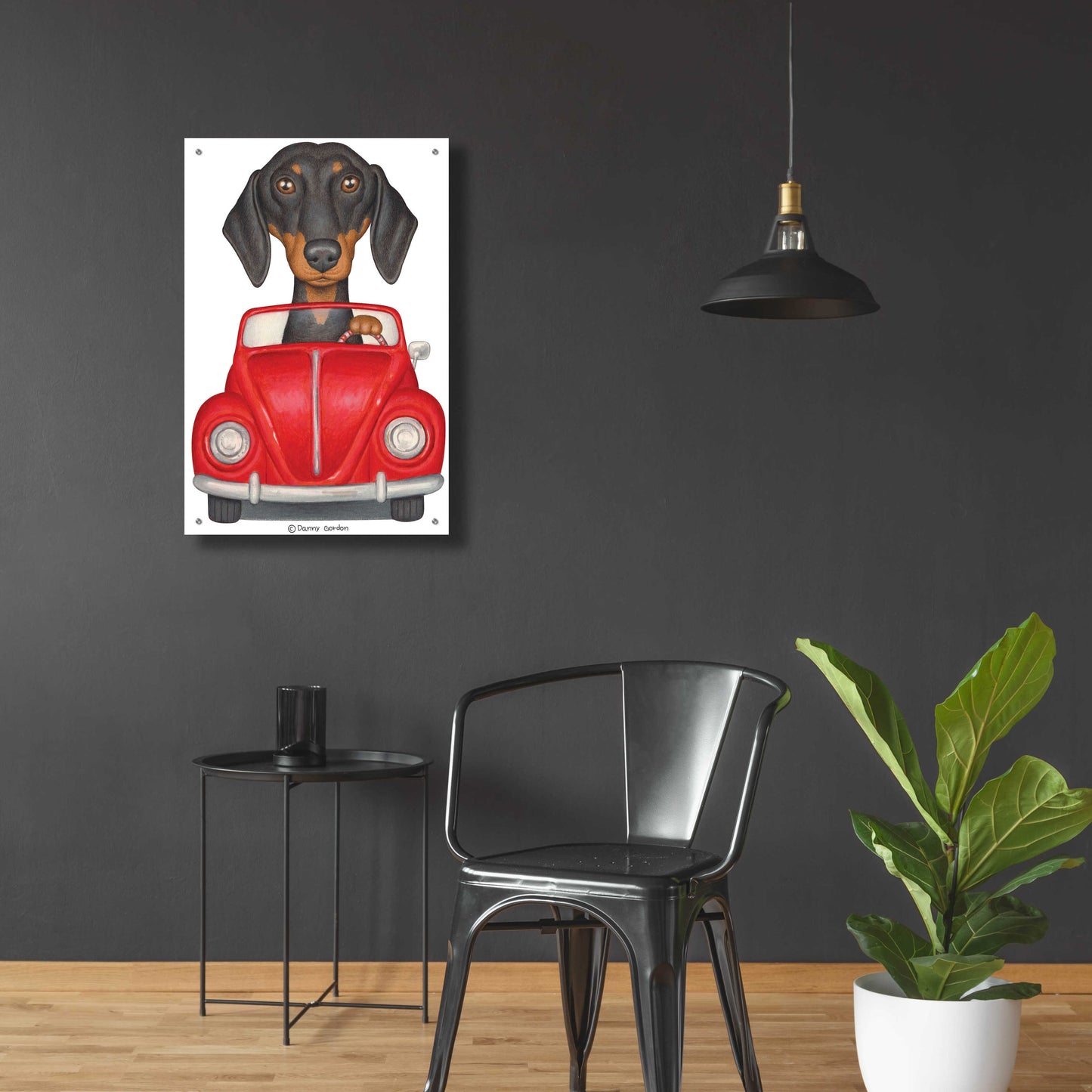 Epic Art 'Black Dachshund Red Volkswagon' by Danny Gordon Art, Acrylic Glass Wall Art,24x36